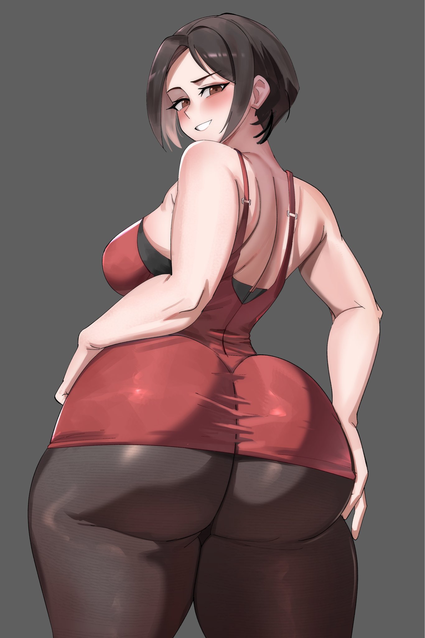 1girls, ada wong, ada wong (nikke), ass, ass in dress, big ass, black hair, bottom heavy, breasts, bubble butt, crossover, dress, fat ass, female, female only, gluteal fold, goddess of victory: nikke, hand on ass, hand on hip, hand on own ass, huge ass, large ass, looking at viewer, looking back, massive ass, pantyhose, resident evil, solo, thick ass, thick thighs, thunder thighs, wide hips, ytrall