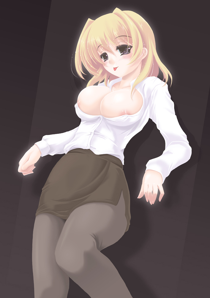 areola areolae blonde_hair breasts erect_nipples frapowa large_breasts lyrical_nanoha mahou_shoujo_lyrical_nanoha mahou_shoujo_lyrical_nanoha_strikers nipples open_clothes open_shirt pantyhose purple_eyes shamal shirt short_hair skirt tongue