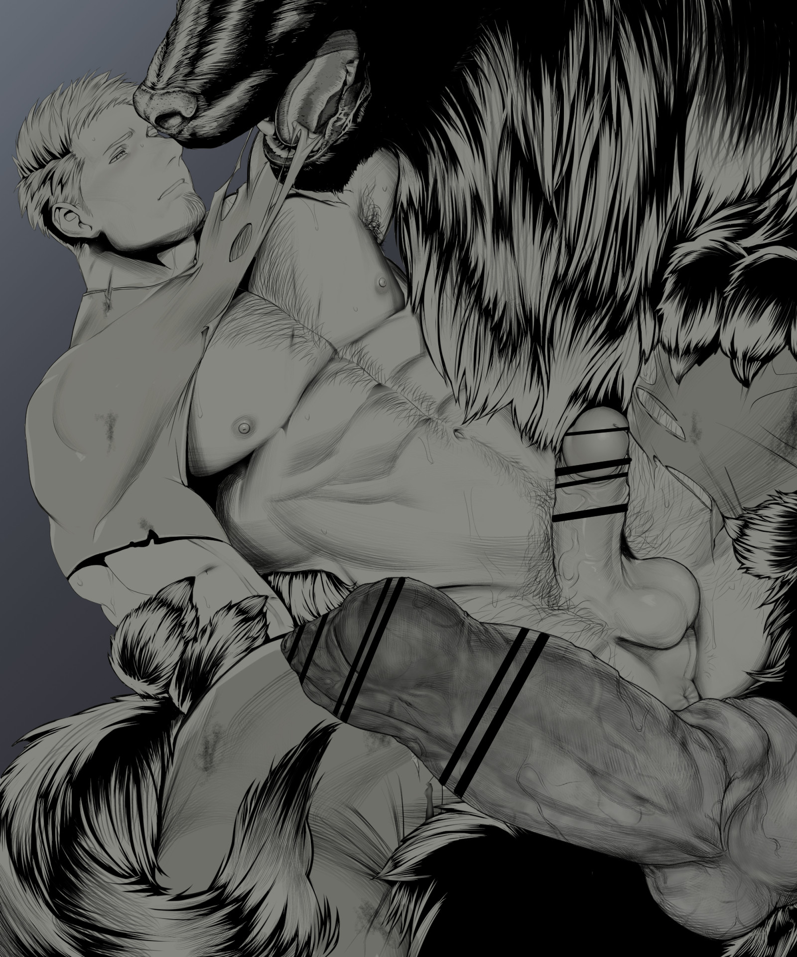 2boys, abs, anthro, anthro on human, anus, balls, bara, beard stubble, biceps, big areola, big balls, big hands, big penis, black and white, blonde hair, bulbus glandis, canid, canine, canine genitalia, canine humanoid, canine on human, canine penis, canis, censor bar, censored, censored penis, chest hair, claws, completely nude, dark lighting, duo, erection, foreskin, foreskin folds, fur, furry, furry male, gay, grabbing, grabbing arm, gradient background, grey background, greyscale, half-closed eyes, happy trail, height difference, hi res, huge cock, human, imminent anal, imminent penetration, imminent rape, imminent sex, interspecies, knot, knotted penis, leg hair, long penis, male, male only, male/male, mature male, monochrome, monster, monster boy, monster cock, monster rape, muscles, muscular, muscular arms, muscular male, navel, nude, original, original character, pecs, penis, penis bigger than arm, penis bigger than head, penis bigger than torso, penis size difference, perineum, pointless censoring, predator/prey, pubic hair, retracted foreskin, scar, scar on chest, scar on neck, short hair, simple background, six pack, size difference, spread legs, taro007, tarowo, thick penis, tongue out, torn clothes, uncircumcised, uncut, veiny penis, werewolf, wolf, yaoi