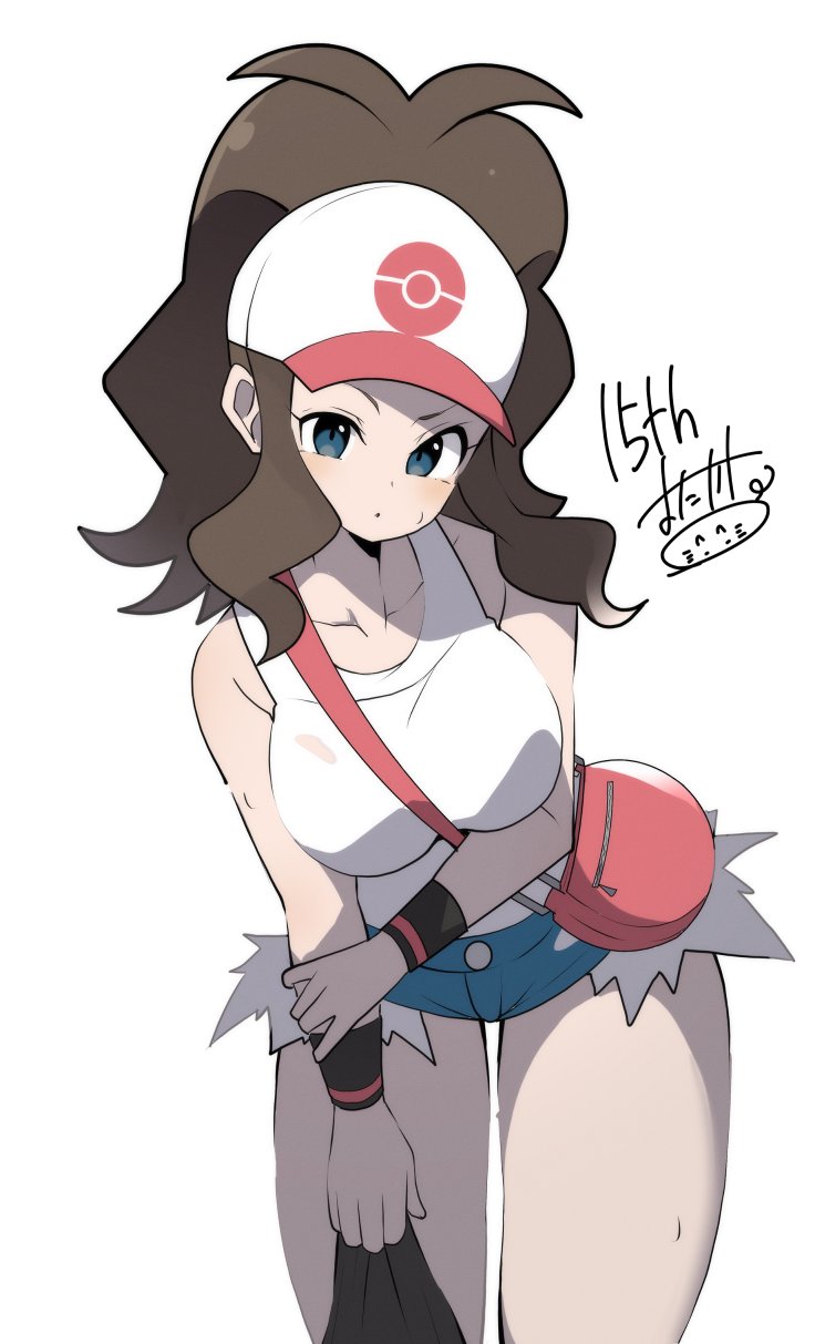 1girls, alternate breast size (larger), anniversary, bent over, black vest, blue eyes, blush, breasts, brown hair, closed mouth, curvy, cutoffs, denim, denim shorts, exposed pocket, female, female only, hat, high ponytail, highres, hilda (pokemon), large breasts, long hair, looking at viewer, mituyota 76, nintendo, open clothes, open vest, pokemon, pokemon bw, ponytail, shirt, short shorts, shorts, sidelocks, simple background, solo, sweat, vest, white background, white shirt, wide hips, wristband