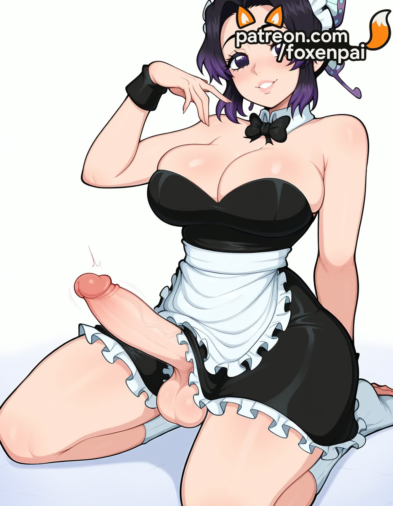 1futa, 2025, ai generated, apron, artist name, balls, big breasts, big chest, black bow, black bowtie, bow, breasts, bust, busty, chest, cleavage, cock, cum, demon slayer, dick, erection, foreskin, foxenpai, futanari, hi res, high quality, high resolution, highres, intersex, kimetsu no yaiba, kneeling, kochou shinobu, large breasts, large penis, large testicles, maid, maid headdress, patreon, patreon username, penis, precum, purple hair, rule 63, seiza, socks, solo, stable diffusion, testicles, tight foreskin, uncensored, uncircumcised, veins, watermark, white apron, wrist cuffs
