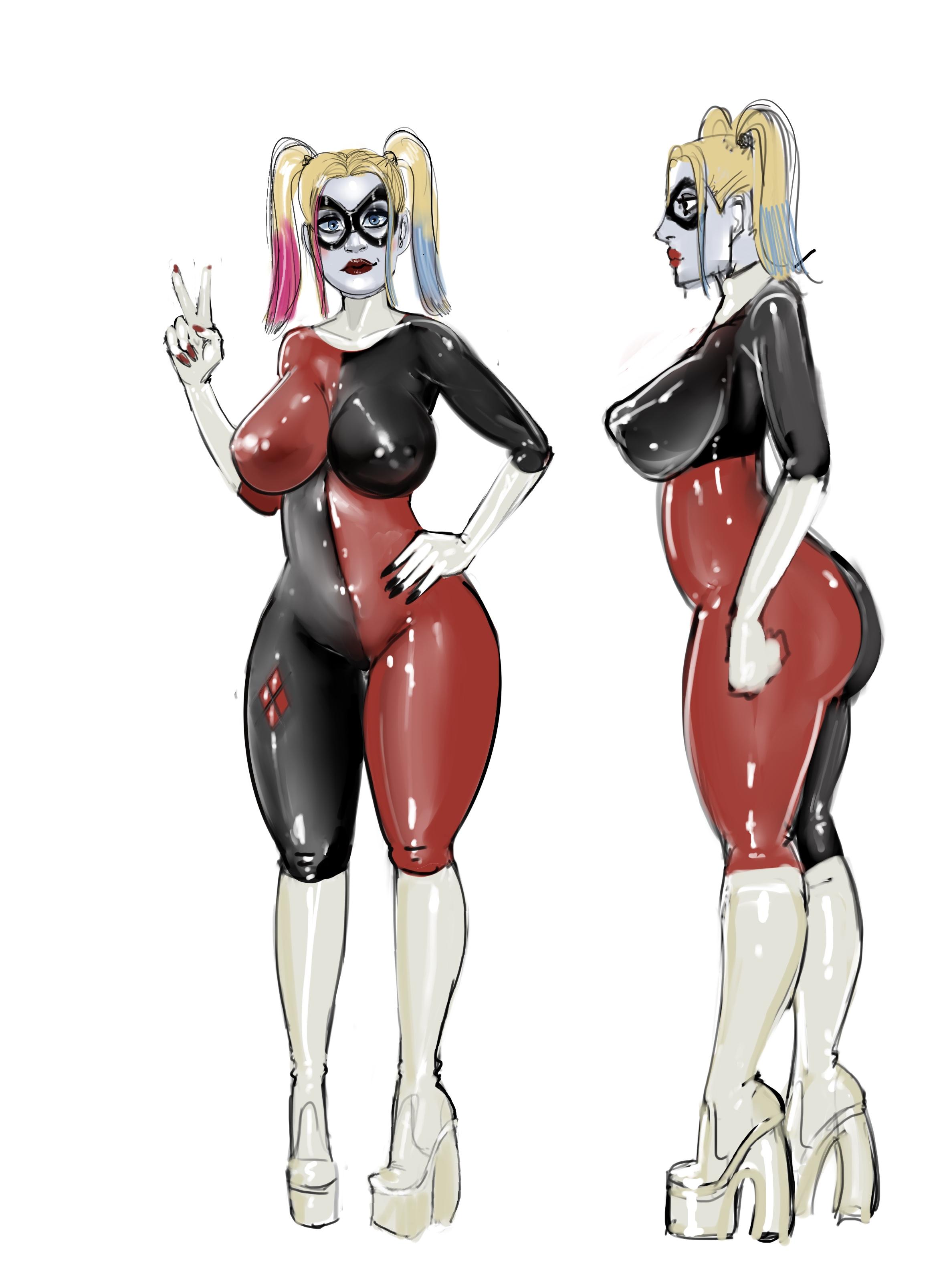 1female, 1girls, 2d, adult, adult female, batman (series), big breasts, bodysuit, boots, color, colored hair, dc, dc comics, domino mask, female, female only, gloves, hand on hip, harley quinn, high heel boots, high heeled boots, high heels, hourglass figure, hourglass figured female, iron doomer, latex, latex boots, long legs, multicolored hair, nipple bulge, peace sign, platform boots, platform footwear, platform heels, solo, tight clothes, tight clothing, tight fit, twintails, v sign, villain, villainess, white boots