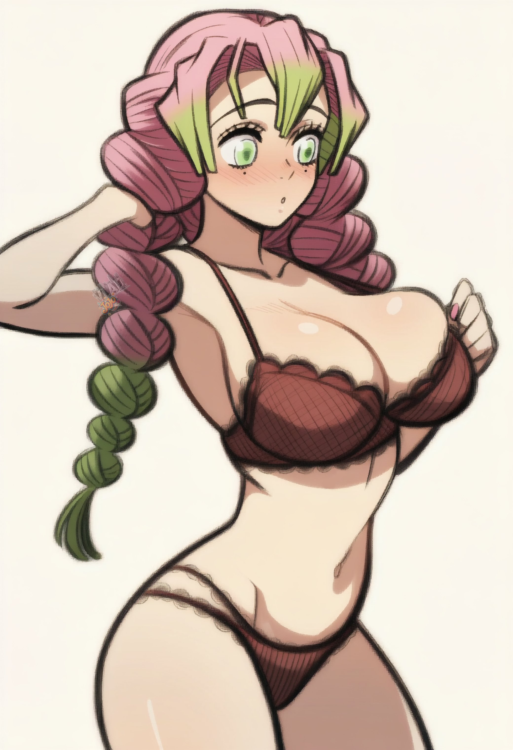 1girls, braids, breasts, breasts out, brown lingerie, demon slayer, female, green eyes, green hair, kanroji mitsuri, lingerie, lingerie only, mitsuri kanroji, multicolored hair, pink hair, pink-haired female, vlad jojo