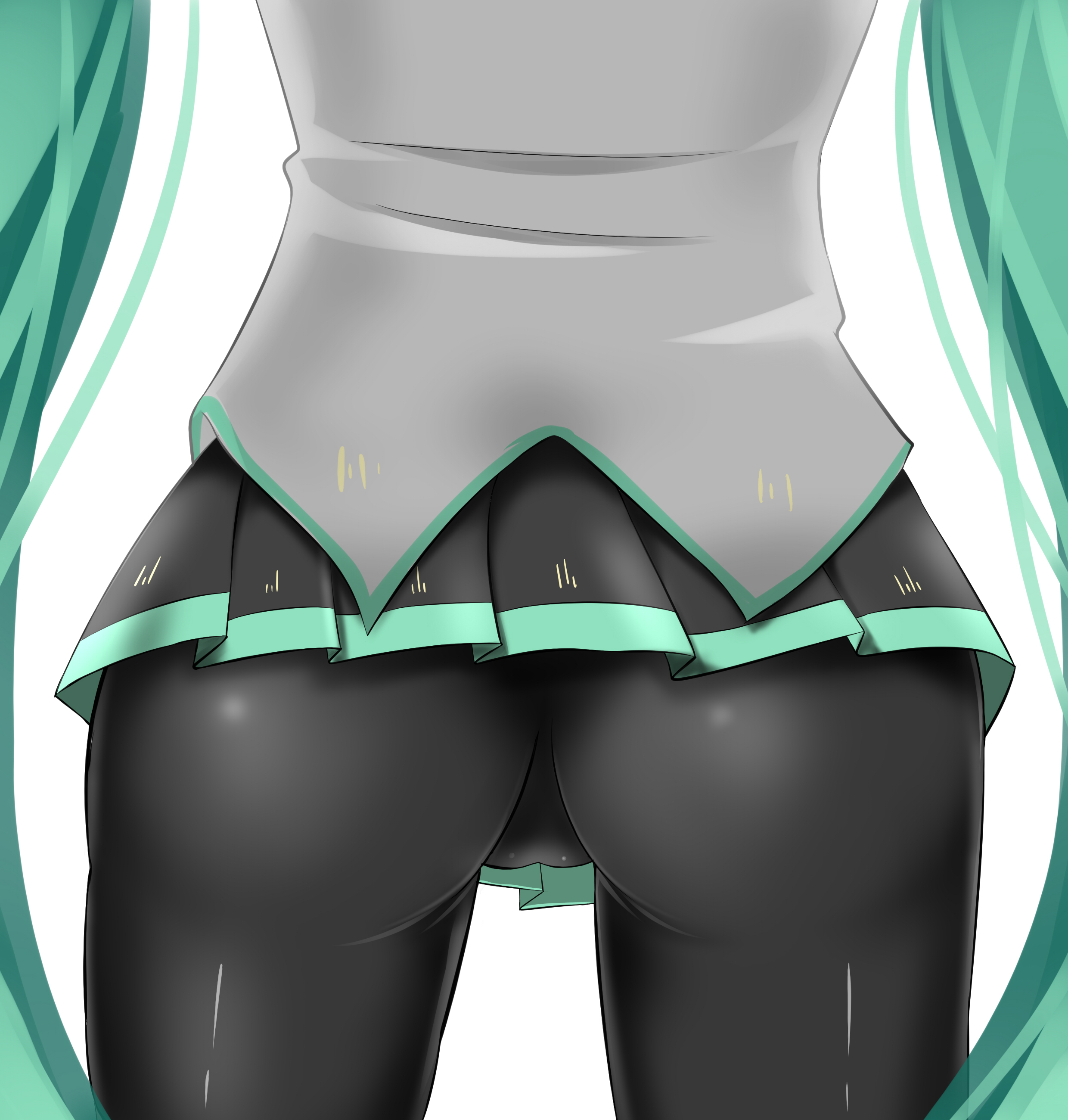 1girl, absurdres, alternate legwear, aqua hair, ass, ass focus, black pantyhose, cameltoe, catstudioinc (punepuni), close-up, female, female focus, from behind, green hair, hatsune miku, highres, long hair, miniskirt, pantyhose, pleated skirt, skirt, solo, standing, thigh gap, twintails, very long hair, vocaloid, white background