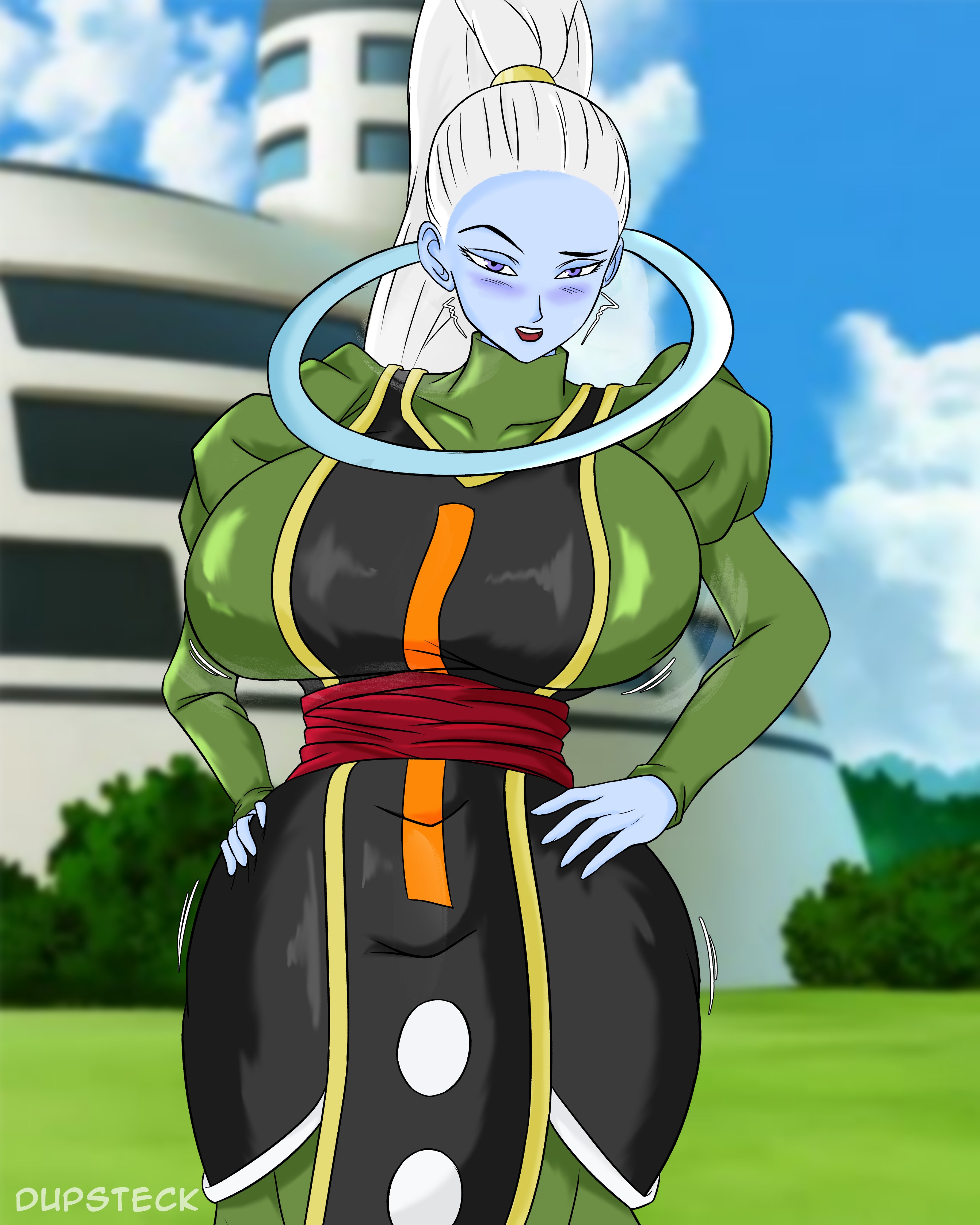 1girls, big breasts, blue body, blue skin, breasts, clothing, curvaceous, dragon ball, dragon ball super, dupsteck, female, female only, hourglass figure, huge breasts, large breasts, long hair, ponytail, purple eyes, vados, white hair, wide hips