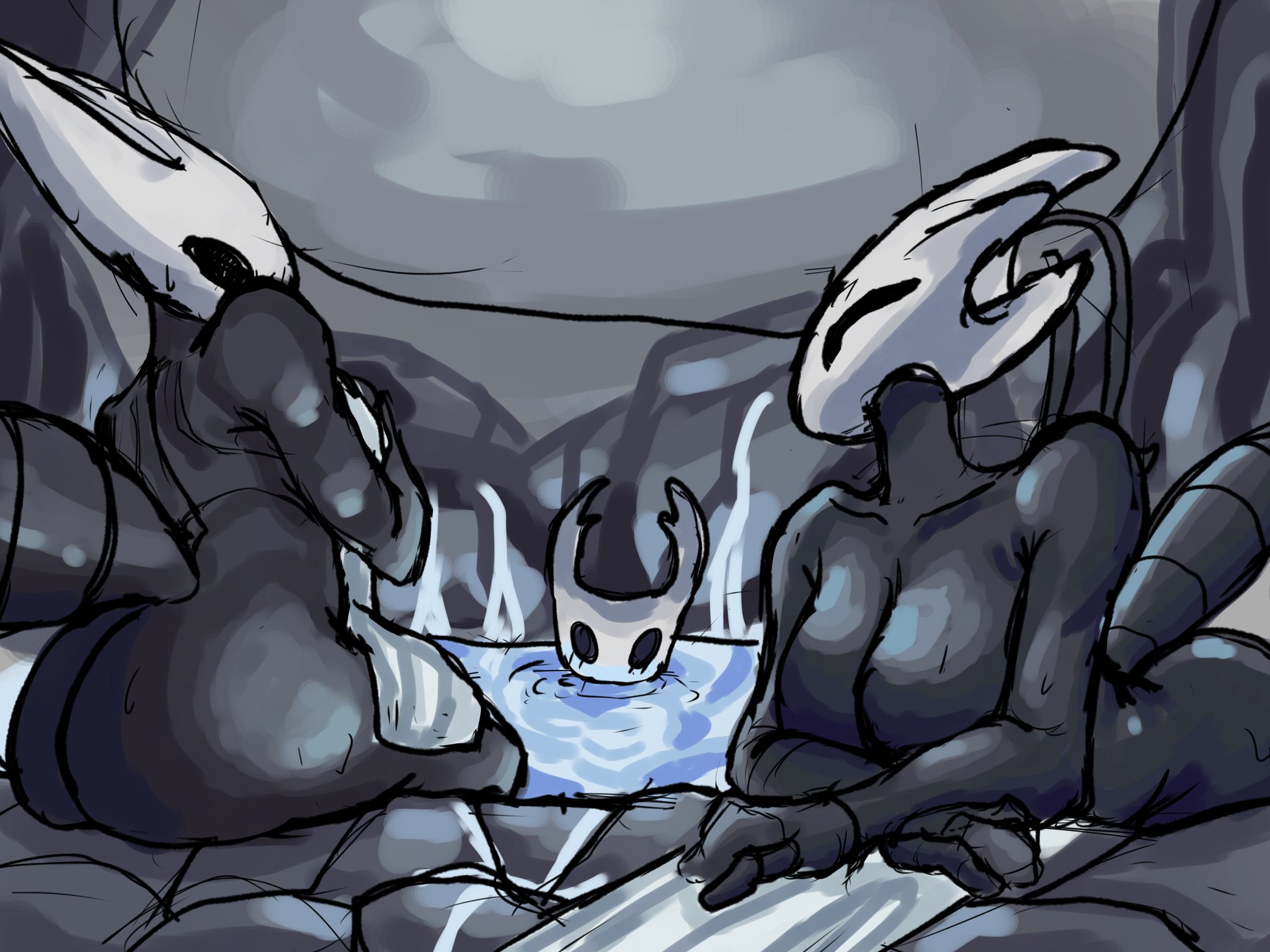 1ambiguous, 2025, 2girls, ambiguous gender, ass, big ass, big breasts, black body, black skin, breasts, bug, doodle, female, hi res, hollow knight, hollow knight: silksong, hornet (hollow knight), horns, hot spring, huge ass, huge breasts, insects, larger female, leaning forward, male, shakra (hollow knight), silksong, sitting, sketch, smaller male, sweat, the knight (hollow knight), towel, yuann0o0