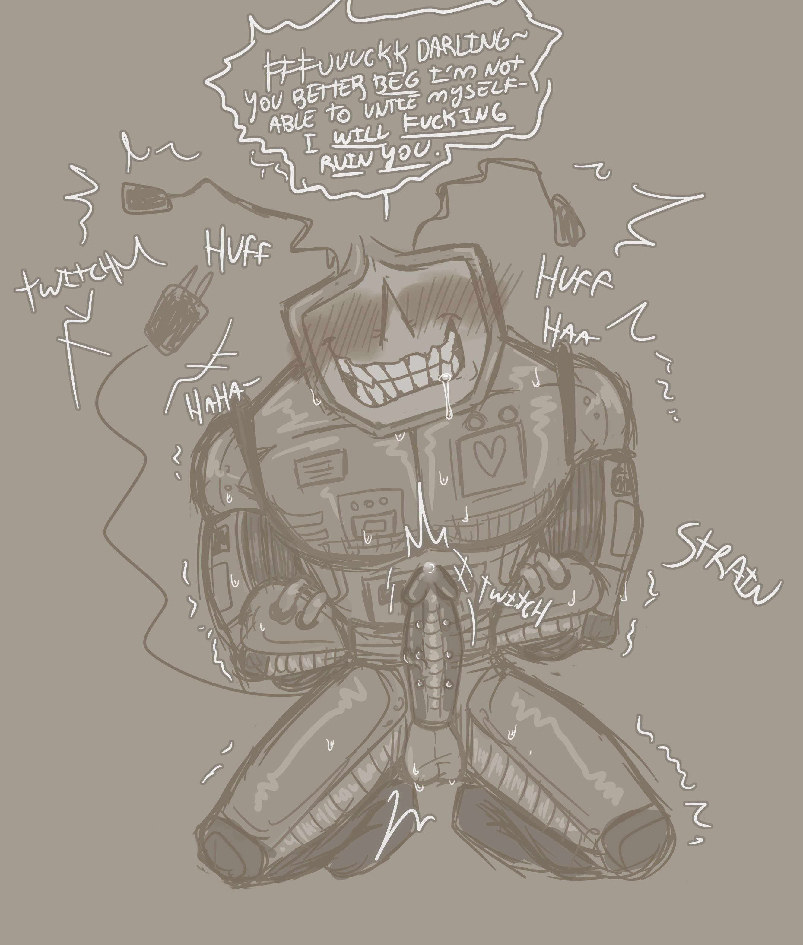 antennae (anatomy), big penis, deltarune, jacob's ladder, leaking precum, letttusse, male, penis, robotic body, sharp teeth, tenna (deltarune), text, tv head