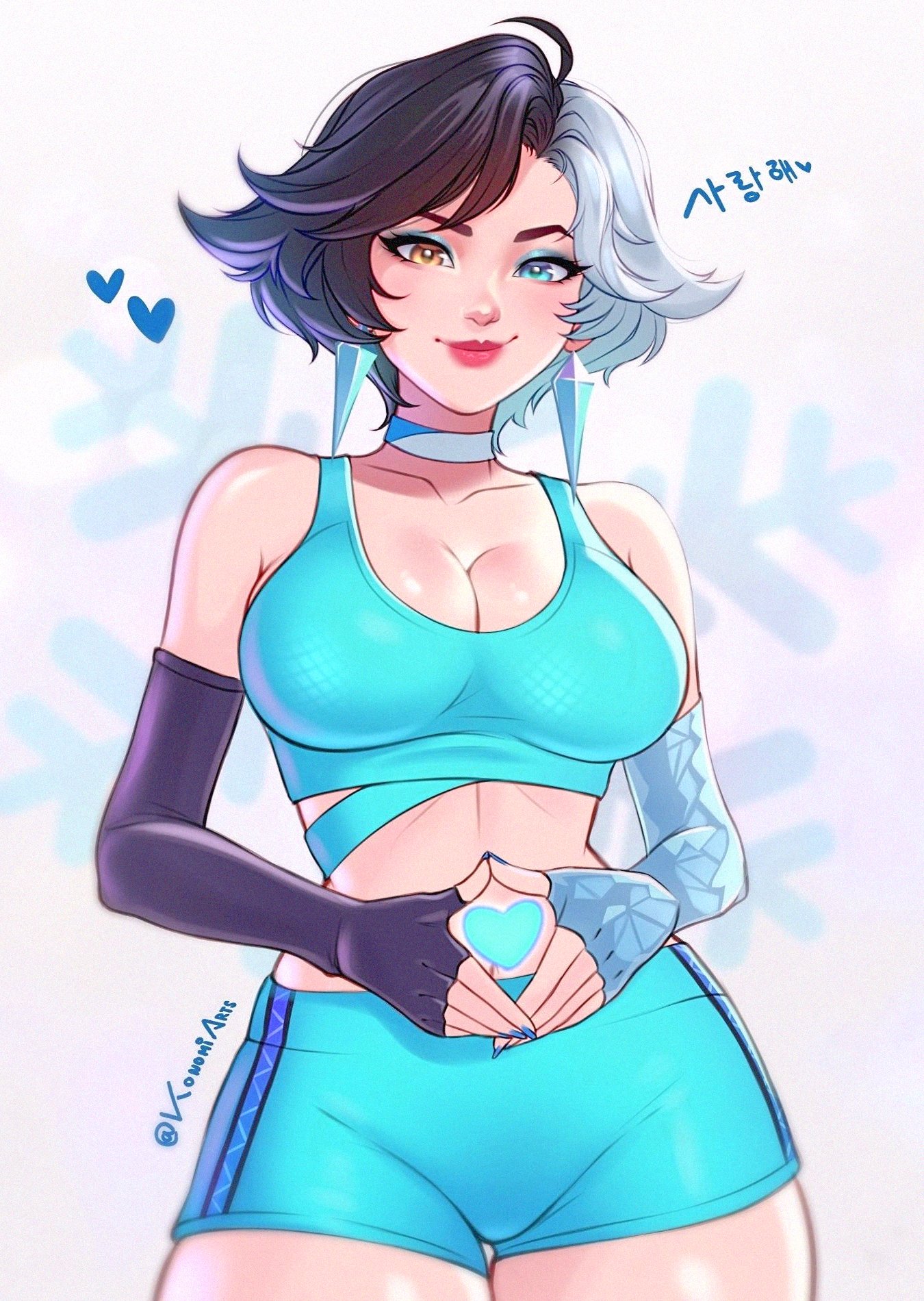 1girls, black hair, blue eye, blue shorts, blue tank top, brown eyes, female, gym clothes, heart hands, konomidraw, korean text, luna snow, luna snow (marvel rivals), marvel, marvel comics, marvel rivals, multicolored eyes, multicolored hair, shorts, text, translation request, white hair