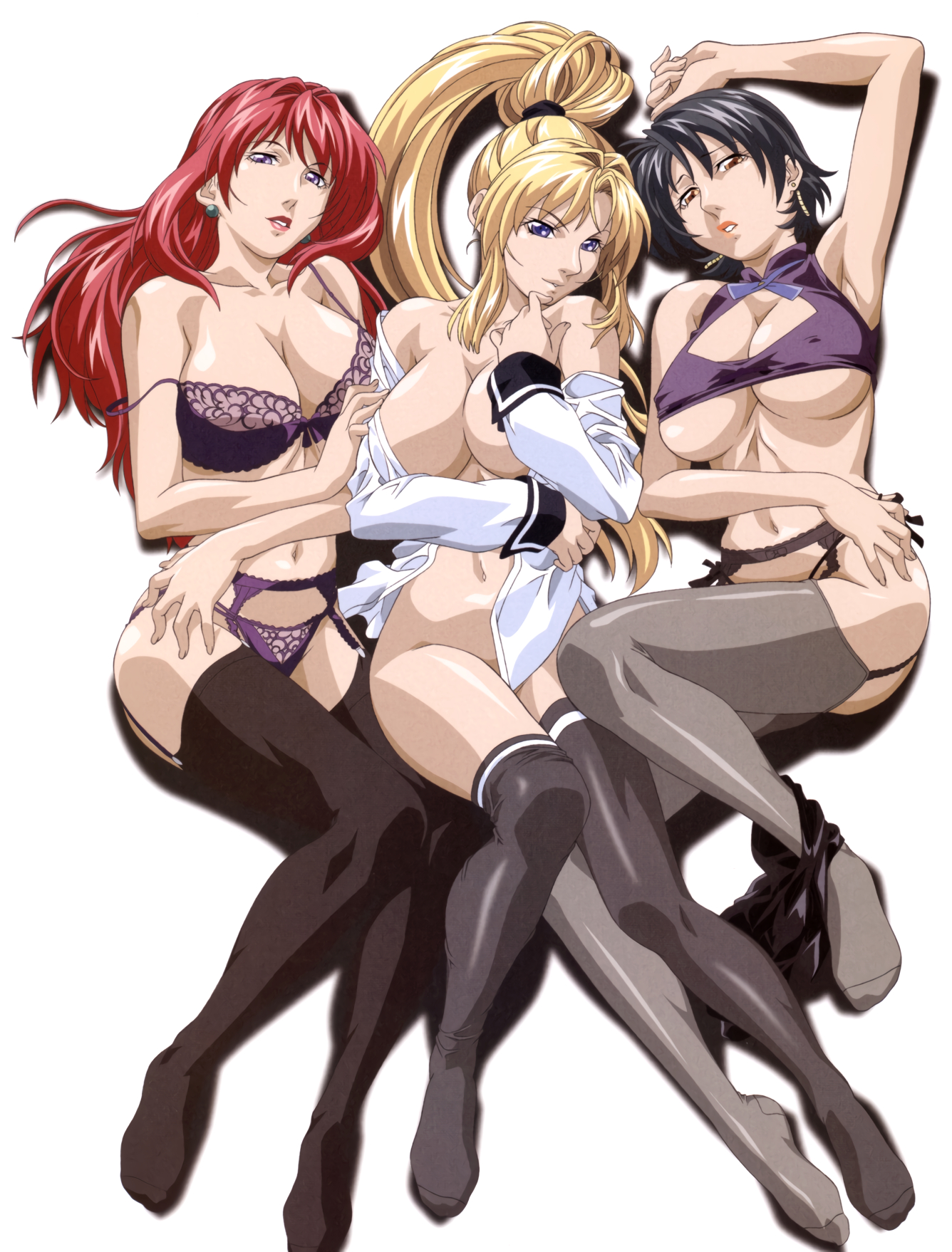 3girls, armpits, bare shoulders, bible black, bible black only, black hair, black legwear, blonde hair, blue eyes, bottomless, bra, breasts, brown eyes, cleavage, cleavage cutout, clothing, clothing cutout, earrings, female, female only, garter belt, high resolution, jewelry, lace, lace bra, lace panties, lace trim, lace-trimmed bra, lace-trimmed legwear, lace-trimmed panties, large breasts, legwear, lingerie, lips, lipstick, long hair, looking at viewer, lying, makeup, mature, mature female, milky animation label, minase yukiko, ms pictures, multiple females, multiple girls, navel, no bra, off shoulder, official art, on back, open clothes, open shirt, orange eyes, pantsu, parted lips, ponytail, purple bra, purple eyes, purple panties, purple underwear, red hair, saeki kaori, school uniform, shirt, short hair, smile, stockings, takashiro hiroko, take your pick, teacher and student, thighhighs, tied hair, underboob, underwear, underwear only, uniform, very long hair, yoshiten