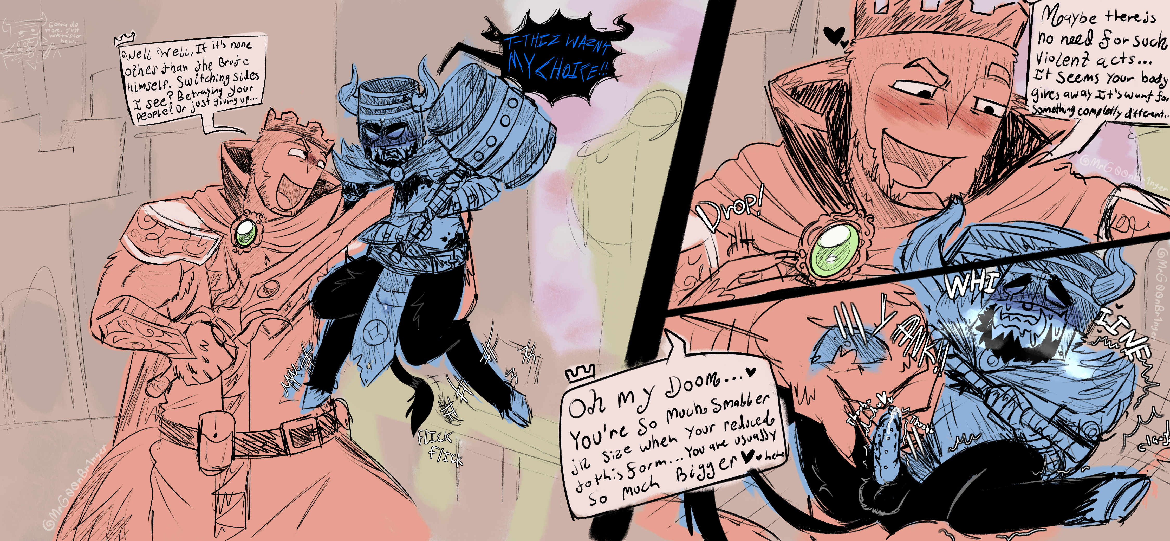 2boys, blush, brute, bull horns, bull legs, bull tail, chicken tail, clothing lift, comic, consensual, degradation, dialogue, doombringer, doombringer (the battle bricks), drooling, english text, goonbringer, hammer, hard cock, hard on, hooves, king, macro male, male, micro macro, micro male, mlm, mrdoombringer, muscular, muscular male, panting, penis, pierced penis, piercings, pulling on clothes, roblox, roblox game, robloxian, self upload, shaking, simple background, simple coloring, small penis, squirming, sweat, sword, text, text bubble, the battle bricks, turking (the battle bricks), whining