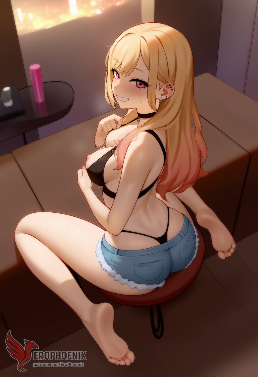 1girls, 2d, ai generated, areolae, ass, big ass, big breasts, bikini top, breasts, cutoffs, denim shorts, erophoenix, female, female focus, full body, gyaru, kitagawa marin, looking at viewer, looking back, nipples, nude, pale skinned female, patreon username, smile, solo, solo female, sono bisque doll wa koi wo suru, sweat, swimsuit, thick, thick thighs, uncensored