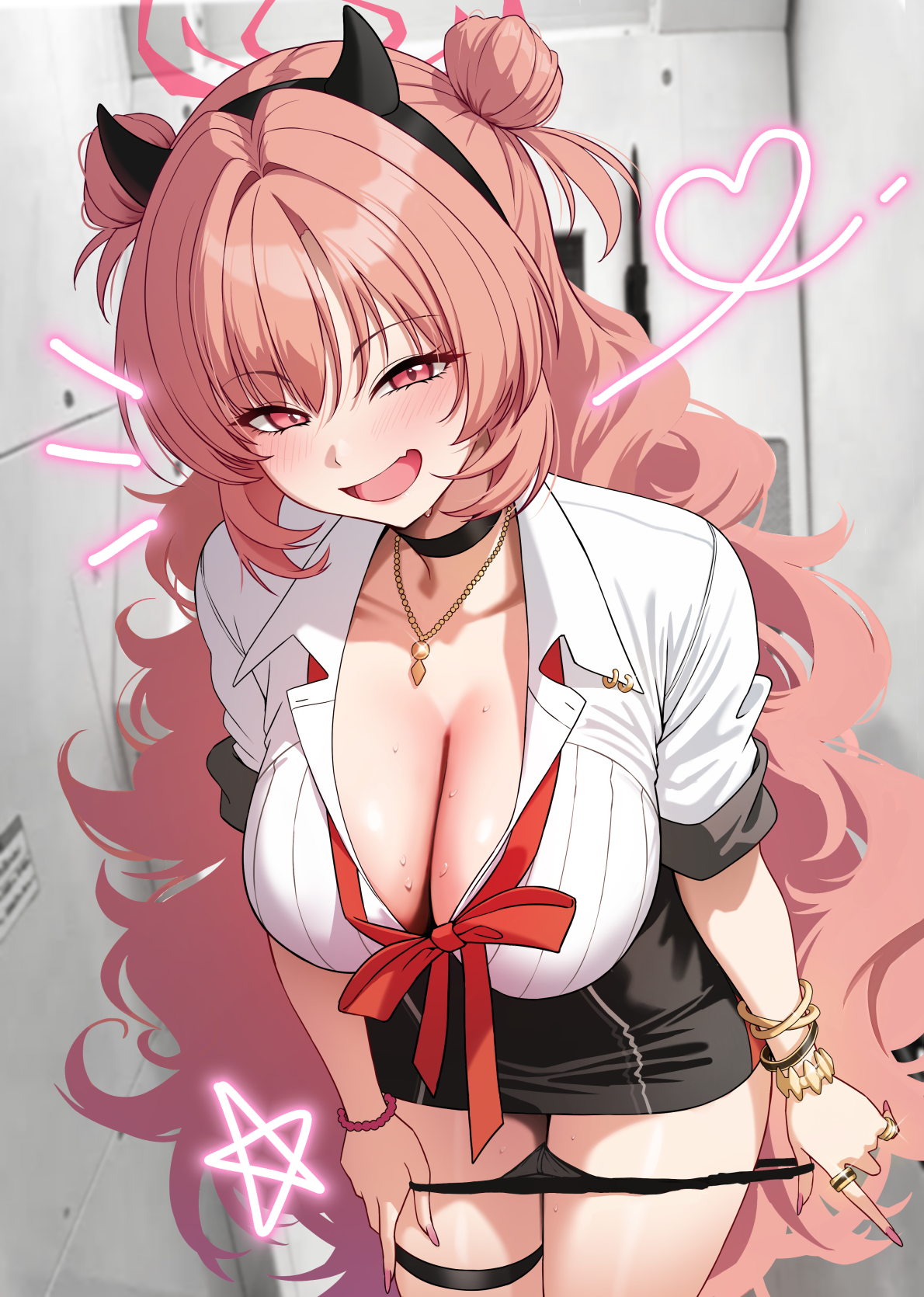 black choker, black hairband, black horns, black panties, black skirt, blue archive, blush, bracelet, breasts, choker, cleavage, collarbone, commentary request, cute fang, demon horns, double bun, fake horns, female, fingernails, gold bracelet, hair bun, hairband, halo, heart, highres, horns, jewelry, kirara (blue archive), large breasts, long hair, looking at viewer, loose neck ribbon, messy hair, multiple rings, nail polish, neck ribbon, necklace, open collar, open mouth, panties, panty pull, pentagram, pink hair, pulling own clothes, red eyes, red halo, red ribbon, ribbon, ring, school uniform, shirt, short sleeves, skin fang, skirt, smile, solar (happymonk), solo, star (symbol), sweat, thigh strap, thighs, underwear, very long hair, white shirt