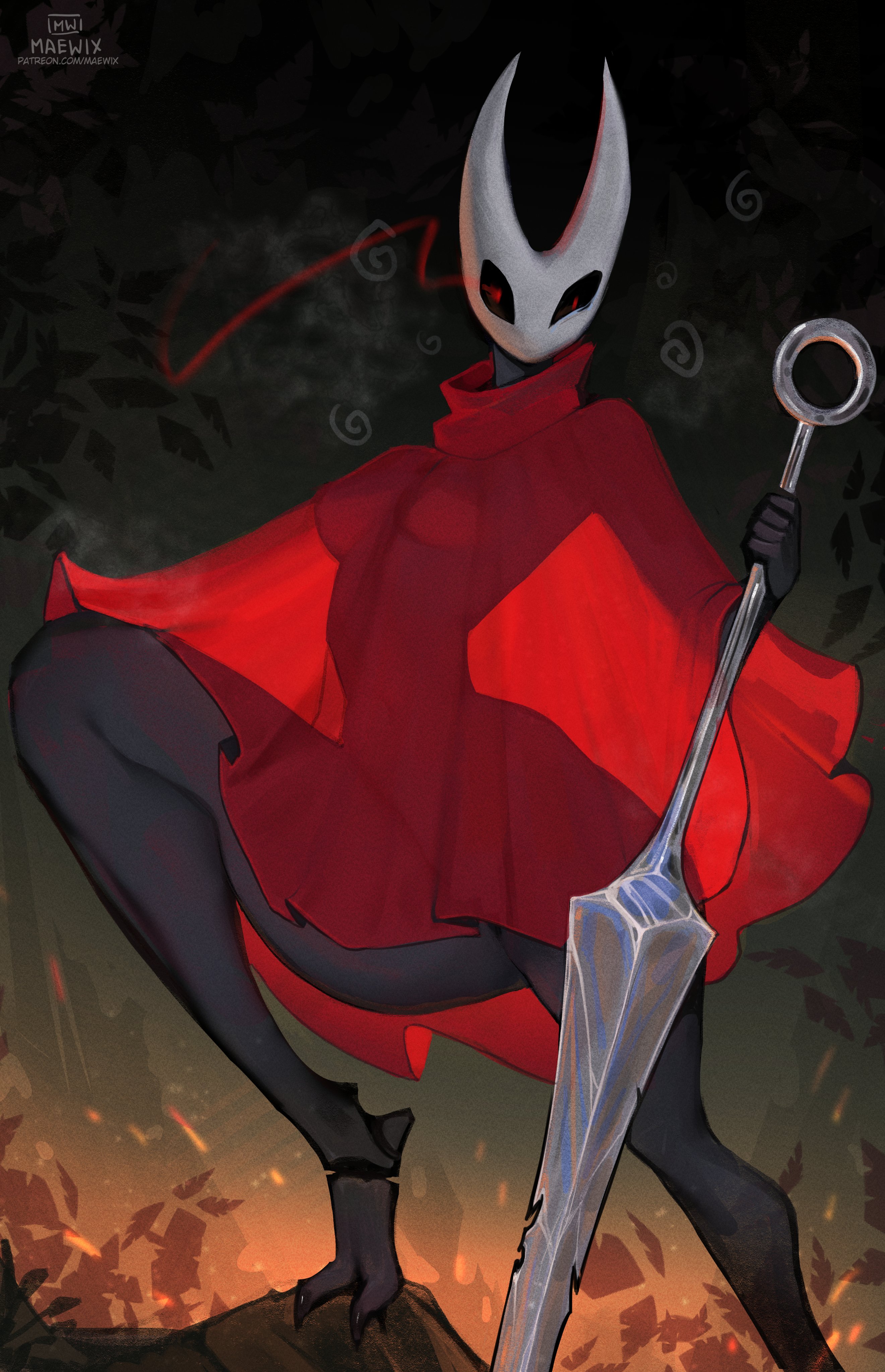 1girls, 2 toes, absurd res, anthro, black body, cape, female, female only, glowing eyes, hollow knight, hollow knight: silksong, hornet (hollow knight), insects, looking at viewer, maewix1, red eyes, see-through, see-through clothing, solo, thick thighs
