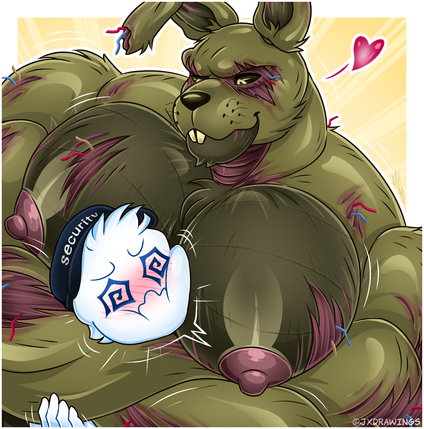 animatronic, anthro, bara, big pecs, blush, five nights at freddy's, five nights at freddy's 3, fnaf, fur, furry, gay, green body, green skin, human, humanoid, jv draws, jx drawings, jxdrawings, looking down, male, male only, male/male, muscular, muscular male, night guard (fnaf), nipples, pecs, rabbit, robot, scottgames, smaller male, springtrap, springtrap (fnaf), yaoi
