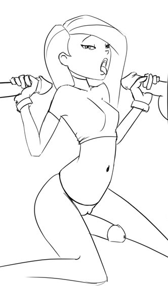 breasts cameltoe cleavage clockwork_(artist) clothes disembodied_penis disney female foursome handjob human kim_possible kimberly_ann_possible male monochrome multiple_males navel penis straddling straight straight_hair tongue_out