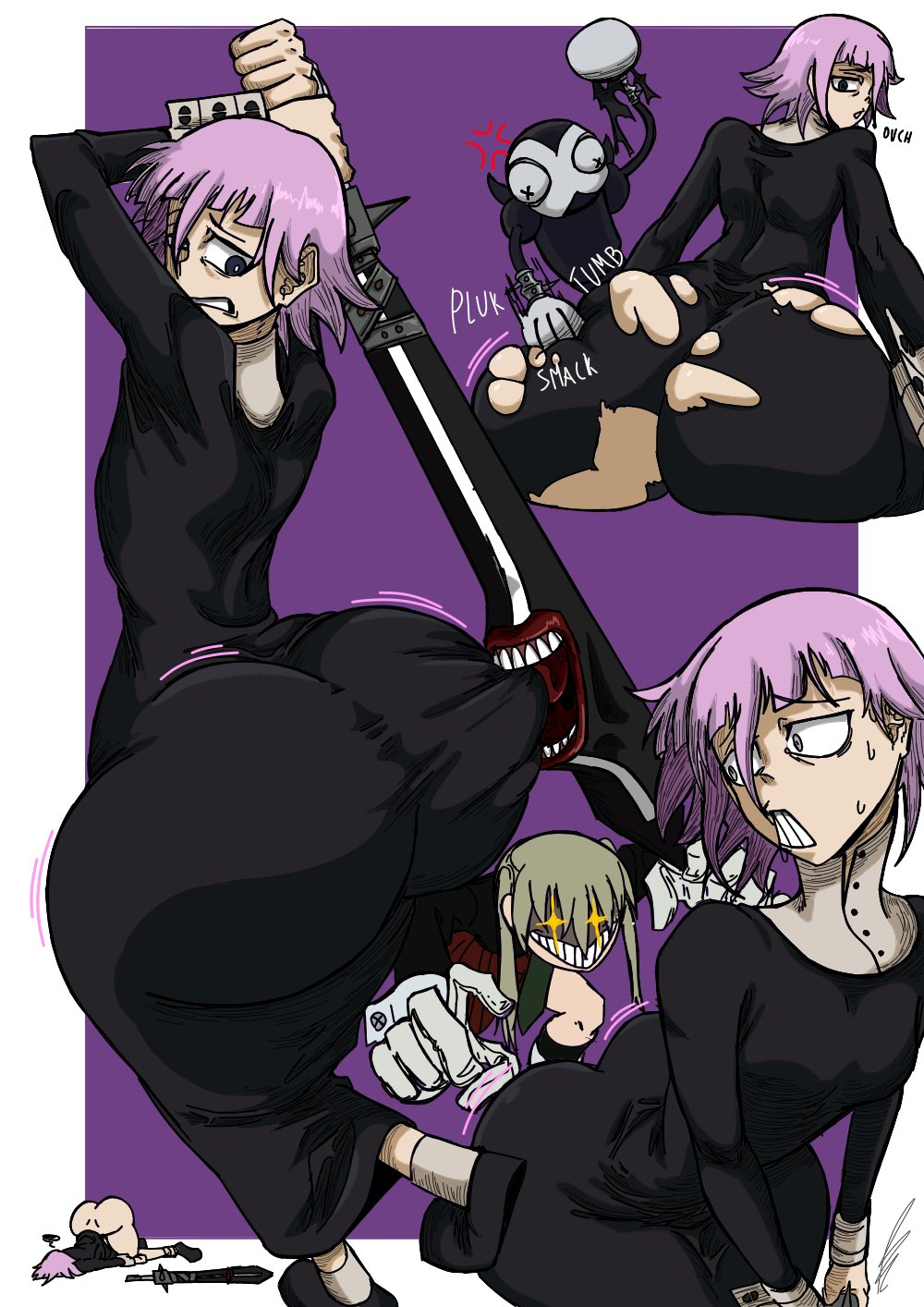 androgynous, ass, bendraws, big ass, big butt, black dress, crona (soul eater), femboy, feminine male, half naked, half nude, large ass, long dress, maka albarn, male, massive ass, massive butt, pawb, pink hair, ragnarok (demon sword), soul eater