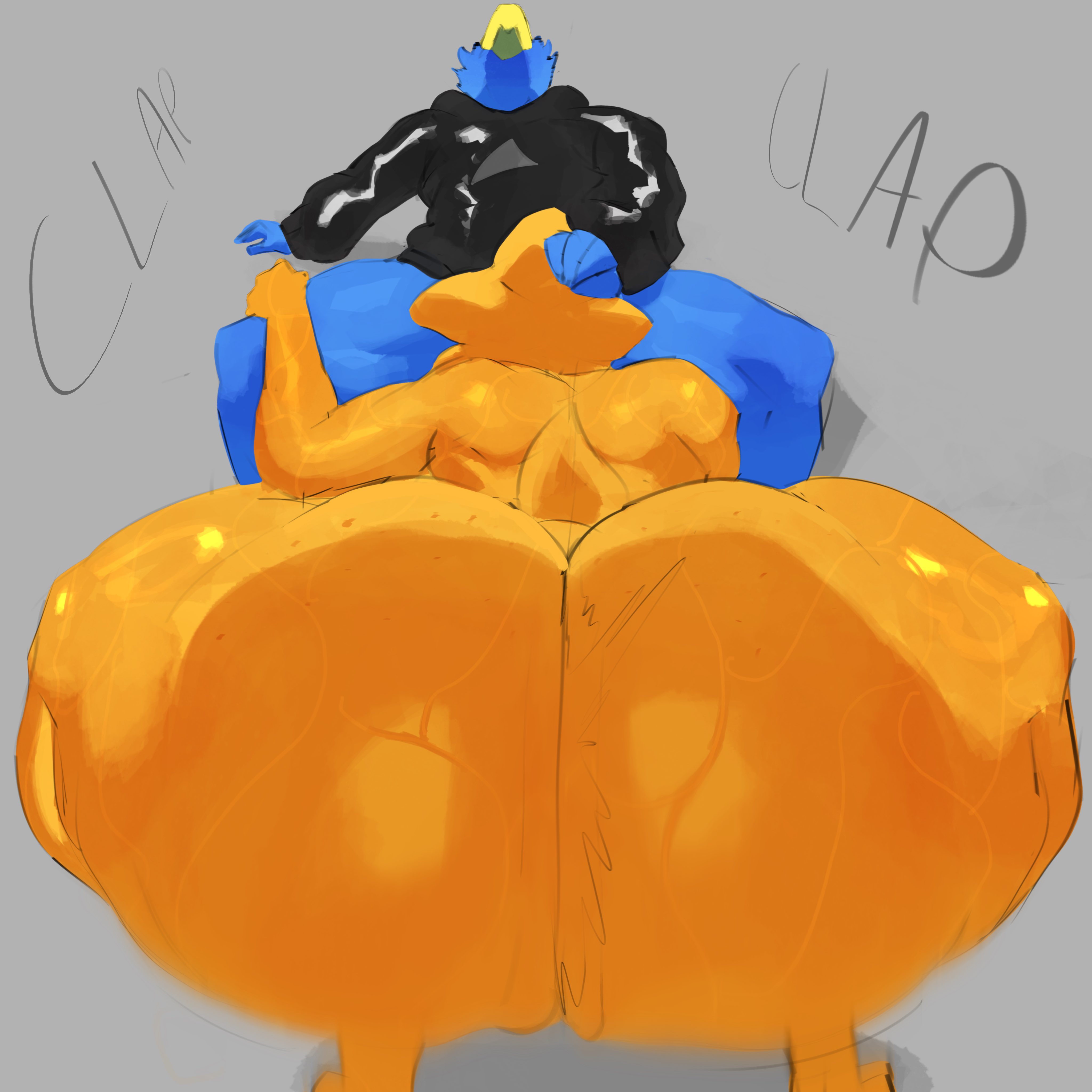 1boy, adawndraws, alphys, anthro, asscheeks, avian, back muscles, back view, beak, big ass, big hips, big thighs, black hoodie, blowjob, blue body, blue feathers, bottom heavy, bottomless male, clapping ass, clapping cheeks, female, freckles, freckles on ass, grey background, hand on head, hand on head blowjob, head up, high resolution, highres, holding thigh, hoodie, huge ass, huge hips, huge thighs, implied oral, male, motion blur, motion lines, muscles, naked, naked female, nude, nude female, oral, oral sex, partially clothed male, penis, rocco (roccorox), sex, squatting, sucking, sucking penis, sweat, sweatdrop, sweating, sweaty, sweaty ass, tail, text, twerking, undertale, undertale (series), yellow body
