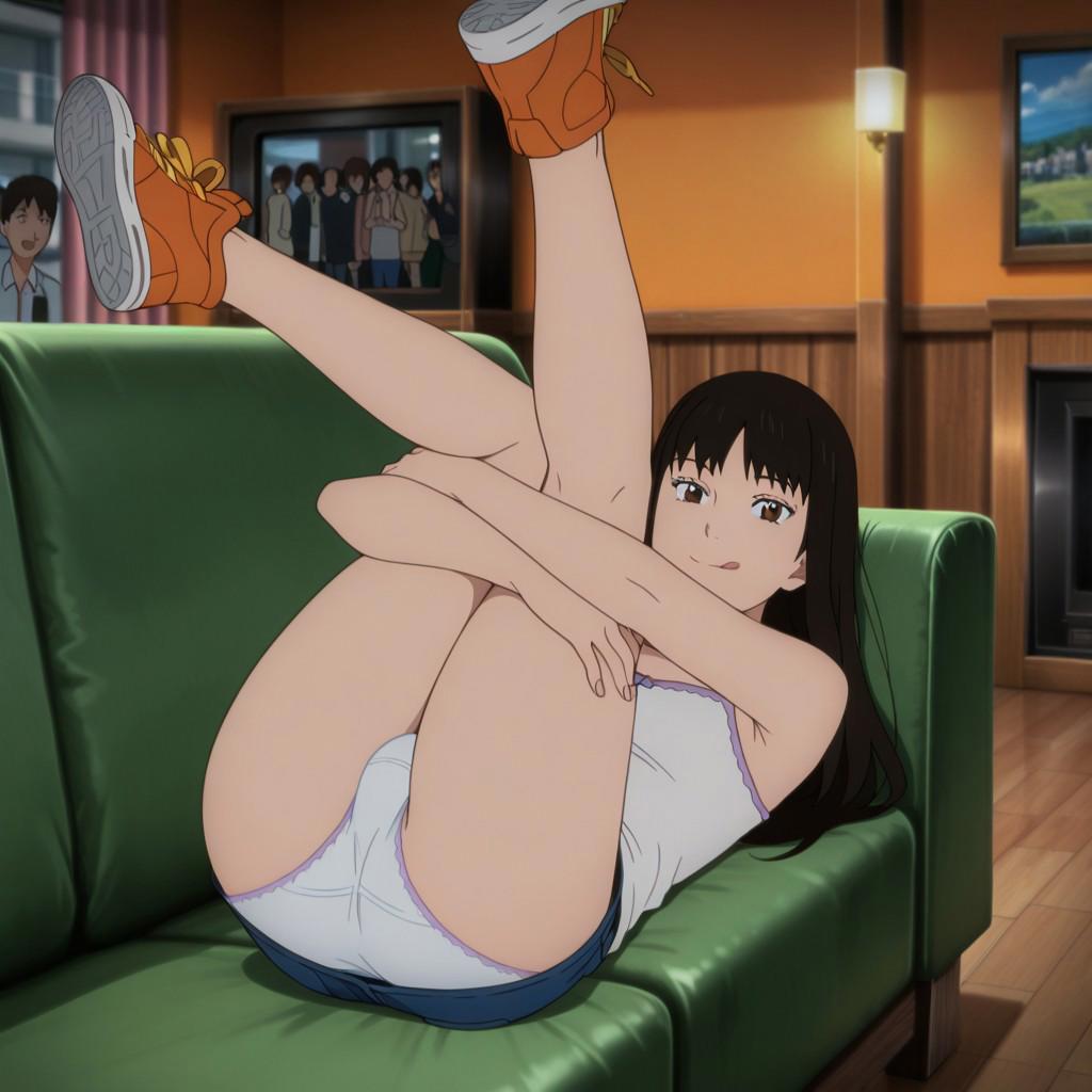 1girls, ai generated, armpit crease, armpits, ass, beautiful, beautiful females, black hair, denim, denim skirt, exhibitionism, female, frilled panties, gyo tokyo fish attack, hugging legs, hugging own legs, jean skirt, junji ito, kaori (gyo), knees together feet apart, legs, legs up, long hair, looking at viewer, miniskirt, panties, pussy, pussy bulge, revealing clothes, short skirt, skirt, skirt lift, skirt up, sleeveless, smile, sneakers, solo focus, tank top, teasing, thighs, tongue out, upskirt, white panties