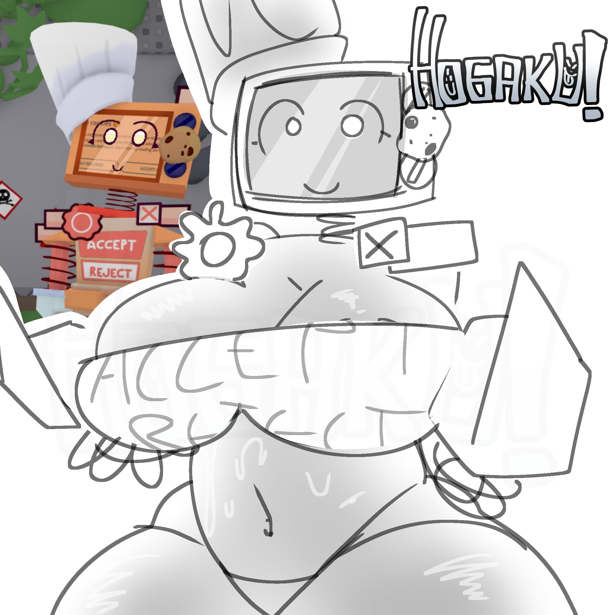 1girls, alternate version available, artist signature, barely clothed, big ass, big breasts, breasts, cleavage, cookieware (die of death), die of death (roblox), female, glistening body, hogaku, huge thighs, reference image, roblox, roblox game, robot, robot girl, screen face, sketch, source request, sweat, sweaty, tagme, thick thighs, thighs, tight clothing, tv head