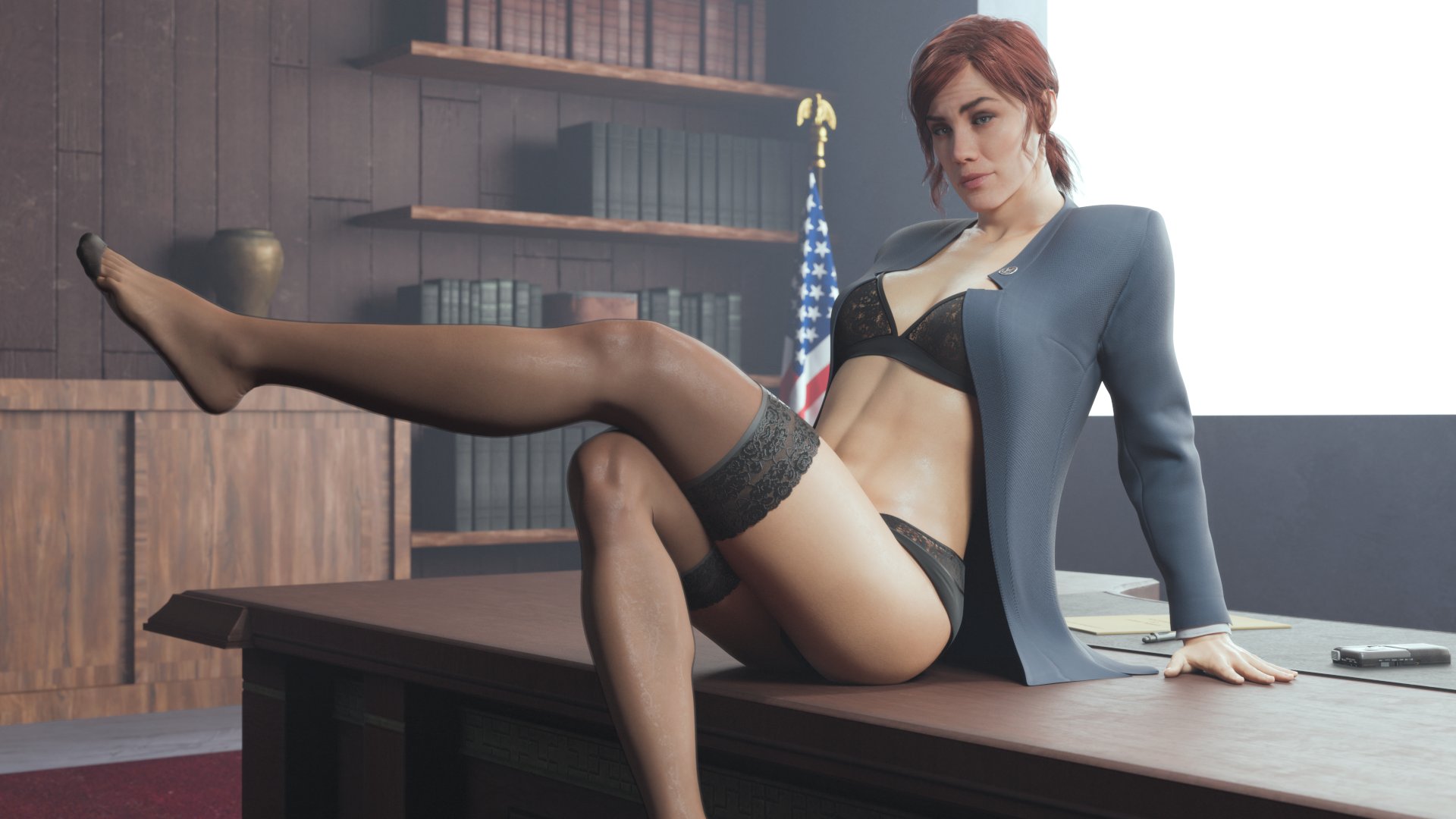 1girls, 3d, abs, artist name, bluelight, bra, control, desk, feet, female, female focus, female only, female torso, jacket, jesse faden, legs, medium breasts, office, office lady, open clothes, open jacket, open shirt, pantsless, pantyhose, realistic, red hair, remedy entertainment, sitting, sitting on desk, sitting on table, stockings, suit jacket, table, thighhighs, thighs, toned, toned female