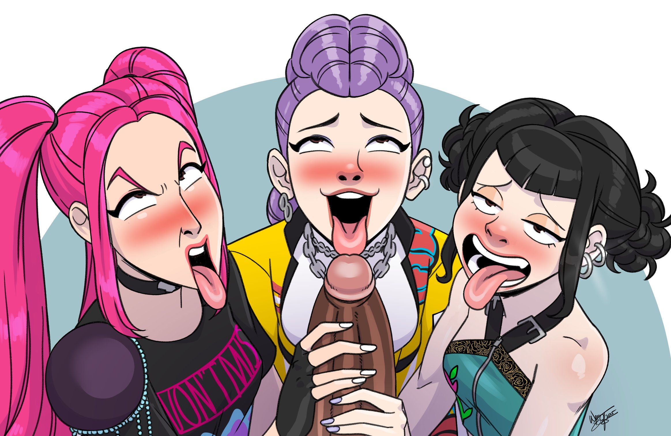 1boy, 3girls, aeolus06, african, ahe gao, big penis, black cock, black hair, black male, black penis, blush, dark skin, dark-skinned male, female, female focus, foursome, handjob, hi res, huntrix, kpop demon hunters, light skin, light-skinned female, male, male/female, mira (kpop demon hunters), multiple females, multiple girls, netflix, penis, purple hair, red hair, rumi (kpop demon hunters), zoey (kpop demon hunters)