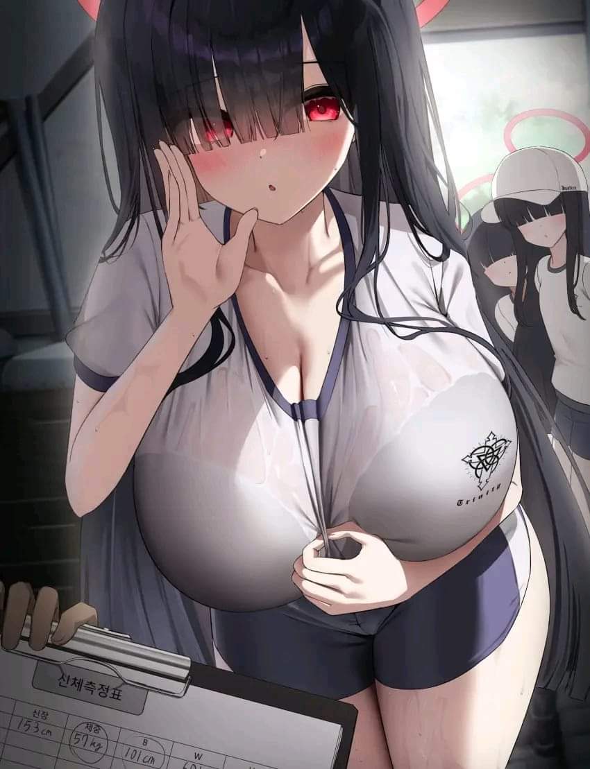 1girls, artist request, big breasts, blue archive, bra visible through clothes, breasts, clipboard, dolphin shorts, female, gym uniform, hair between eyes, halo, justice task force member (blue archive), male, people in background, storage room, sweaty body, trinity general school student, wet clothes