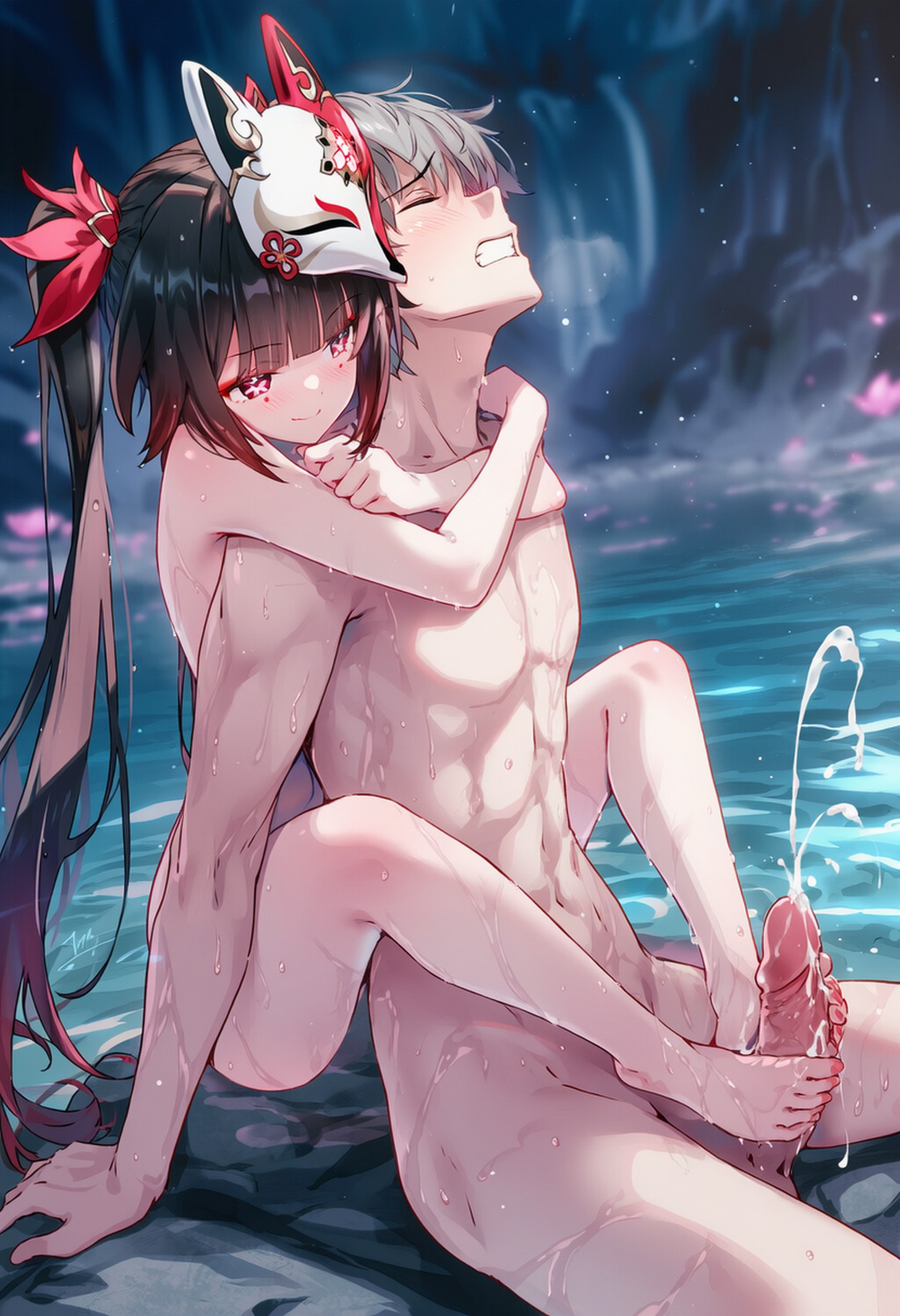 1boy1girl, ai generated, cumming from footjob, female, footjob, honkai: star rail, hugging from behind, male, raaicave, sparkle (honkai: star rail)