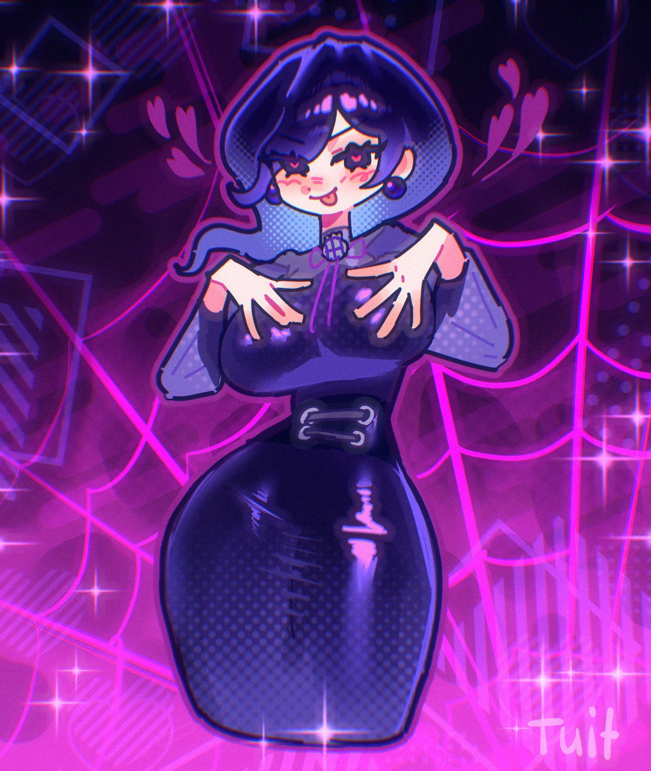 1girls, 2025, blush lines, blushing at viewer, breasts, clothed, clothing, curvy, curvy figure, female, female only, game freak, hands on breasts, heart, heart-shaped pupils, hex maniac, hex maniac (pokemon legends: z-a), hi res, looking at viewer, pokemon, pokemon legends: z-a, pokemon xy, purple eyes, purple hair, solo, thick thighs, thighs, tongue, tongue out, tuif, tuiffff