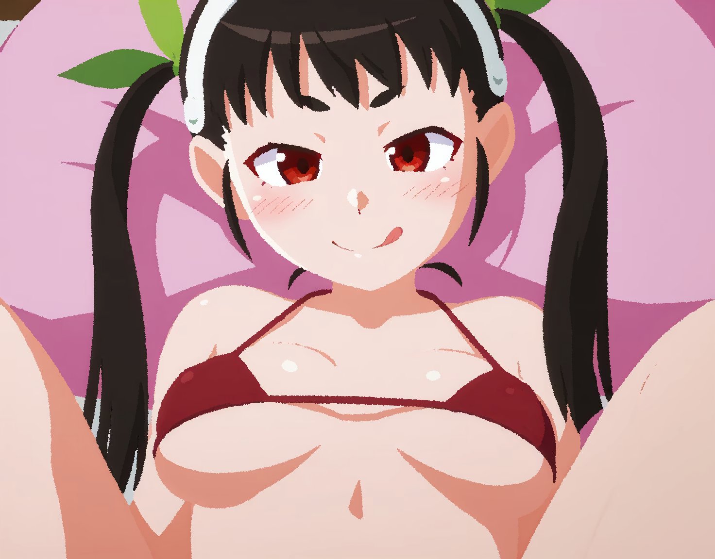 :q, aged up, ai assisted, ai generated, bikini, black hair, blush, breasts, breasts apart, female, green ribbons, hachikuji mayoi, hair ribbon, hairband, licking lips, long hair, looking at viewer, lying, medium breasts, monogatari (series), on back, on bed, pillow, rawr69, red bikini, red eyes, ribbon, smile, solo, swimsuit, tongue, tongue out, twintails, underboob, white hairband
