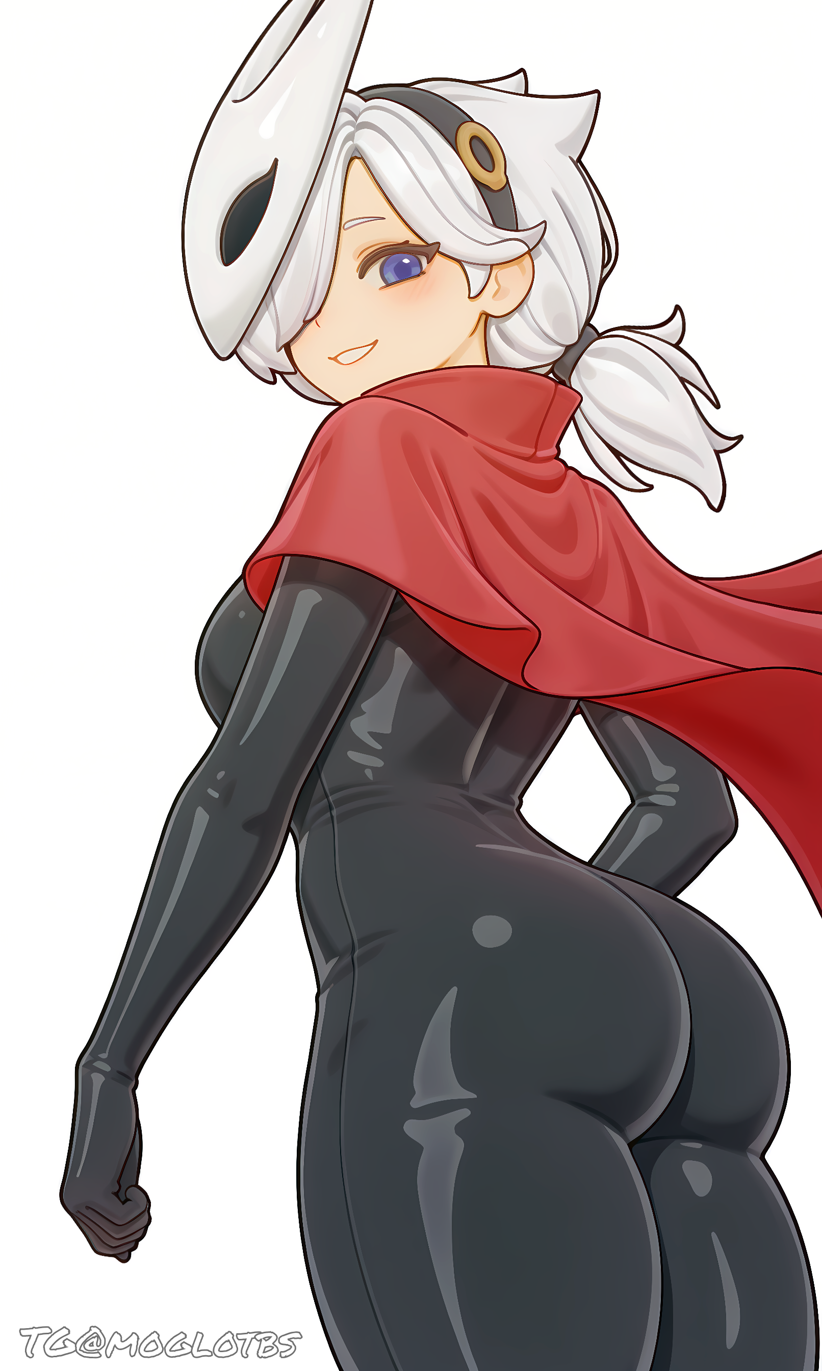 1girls, ai assisted, ai generated, ass, blue eyes, bodysuit, brawl stars, breasts, colette (brawl stars), cosplay, female, female only, hollow knight, hornet (hollow knight) (cosplay), latex, latex clothing, latex suit, low ponytail, mask, medium breasts, moglotbs, png, rubber, rubber clothing, rubber suit, self upload, shiny suit, signature, smile, solo, supercell, tagme, white hair