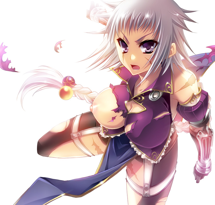 braid breasts gakushin_bunken hair_ornament hiiku_eiri hisaka21 koihime†_(series) koihime_musou large_breasts long_hair nipples pointy_chin purple_eyes scar silver_hair torn_clothes