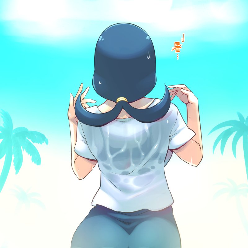 1girls, ass, blue hair, bra, breasts, commentary, ero kaeru, female, female focus, female only, lana's mother (pokemon), long hair, mature female, nintendo, palm tree, pokemon, pokemon (anime), pokemon sm (anime), shirt, solo, tree, underwear, wet, wet clothes, wet shirt