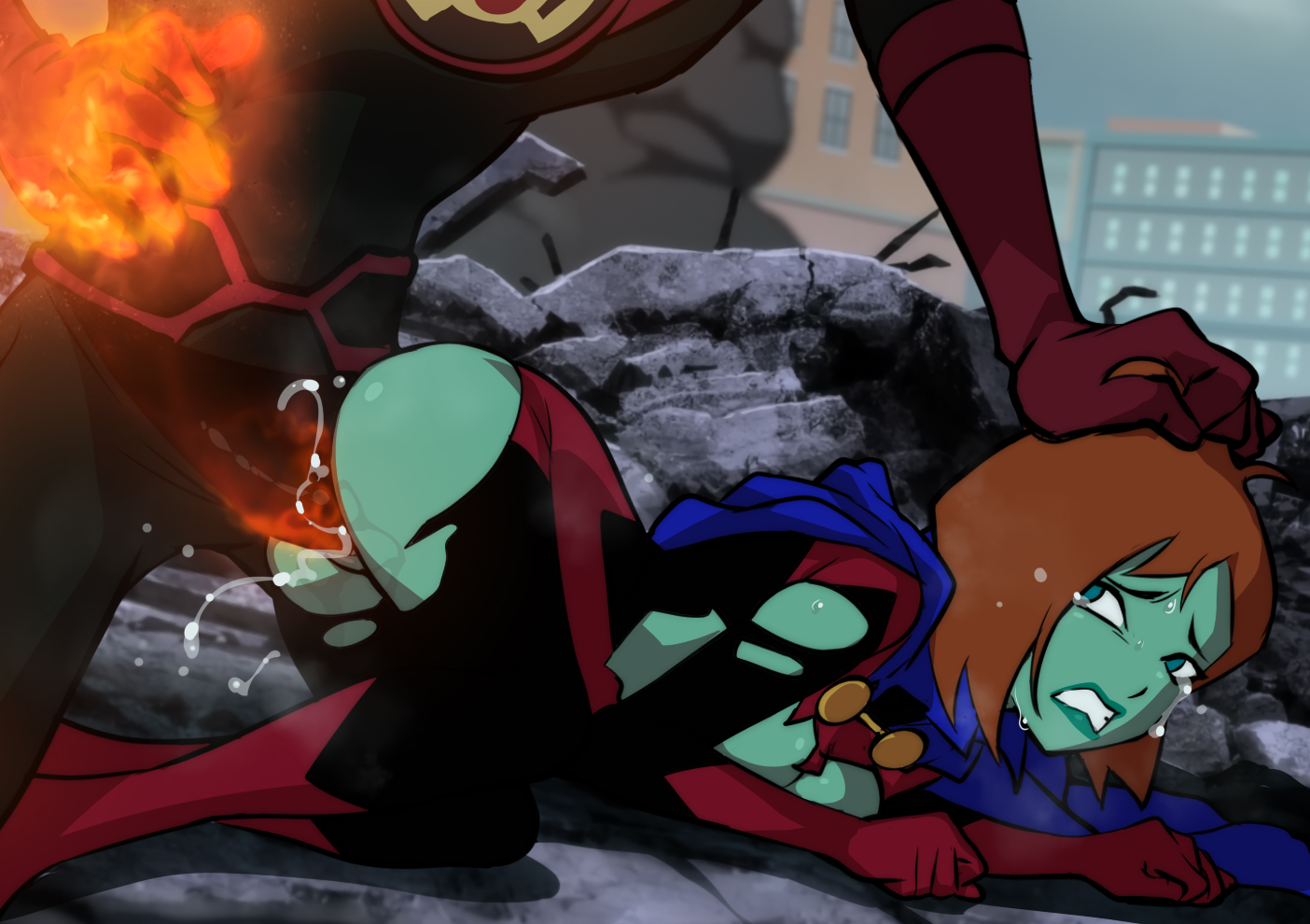 alien, alien girl, alien humanoid, cape, crying, crying with eyes open, dc, dc comics, dcau, female, green body, green skin, holding head, jcm2, justice league vs. the fatal five, large penis, male, mano (dc), megan morse, miss martian, miss martian (dcau), orange hair, orgasm, penis, pussy, rape, raped, ripped clothing, size difference, superheroine, tears, vaginal penetration, vaginal sex