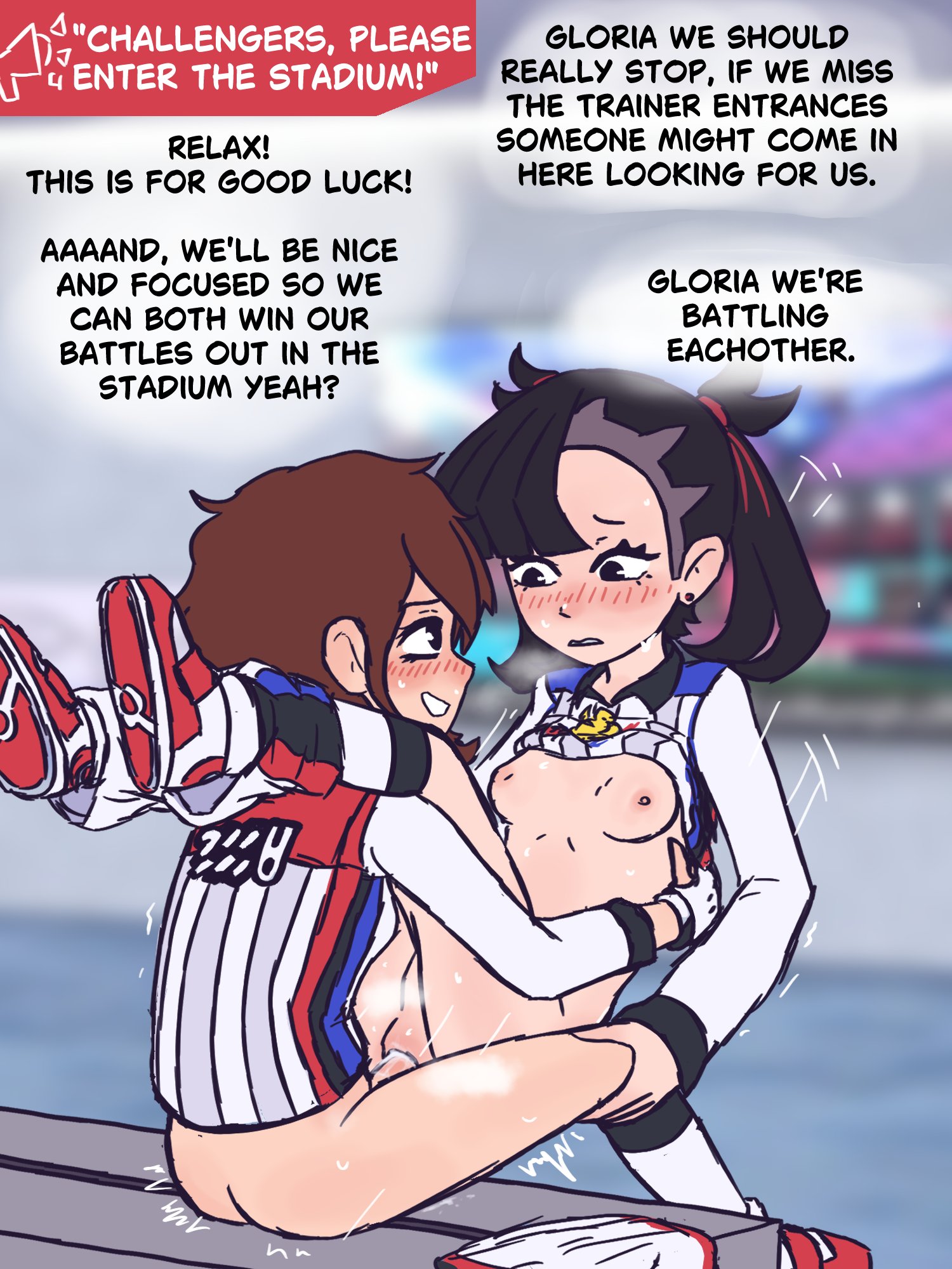 1futa, 1girls, bklo, black hair, blush, brown hair, comedy, dialogue, female, futa on female, futa with female, futanari, game freak, gloria (pokemon), humor, intersex, light-skinned futa, marnie (pokemon), nintendo, penetration, pokemon, pokemon ss, simple drawing, small breasts, text