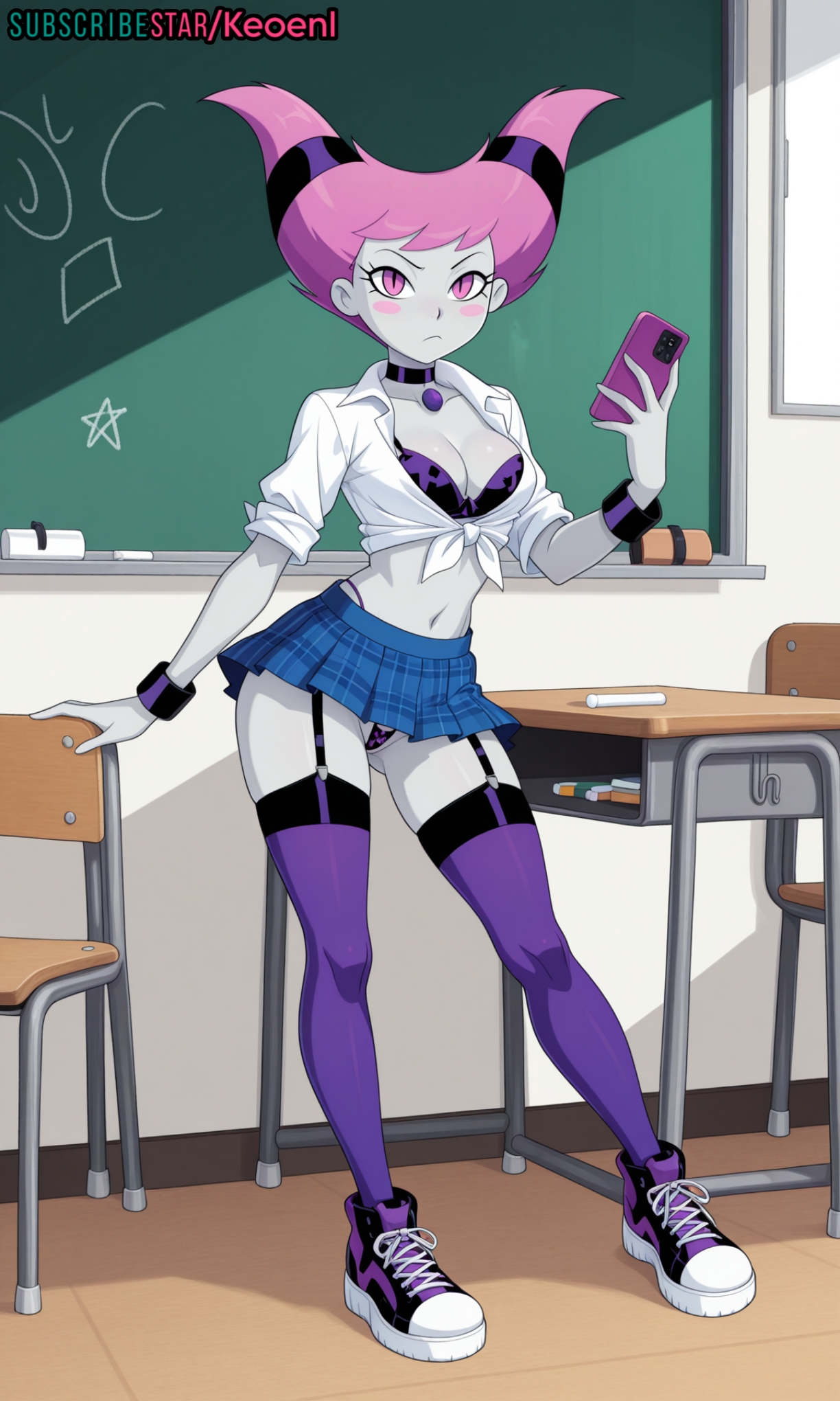 1girls, accurate art style, ai generated, annoyed, annoyed expression, blush, bra, bracelet, breasts, cartoon network, cellphone, chair, choker, cleavage, clothed, clothing, curvaceous, curvy, dc, dc comics, erect nipples, female, female focus, female only, femdom, full body, gal, grey skin, gyaru, gyaru gal, hi res, hips, holding object, indoors, jinx (dc), keoenl, kneeling, legs, legs up, leopard print, lifted shirt, looking at viewer, medium breasts, midriff, miniskirt, navel, nude, pale skin, perky breasts, pink eyes, pink hair, prostitute, prostitution, school, school uniform, schoolgirl, schoolgirl uniform, selfie, sitting, skirt, smile, smug, smug face, sneakers, straps, subscribestar, sweat, sweating, teen titans, thick thighs, thighhighs, thighs, thong, thong straps, underwear, villainess, visible underwear, warner brothers, wide hips