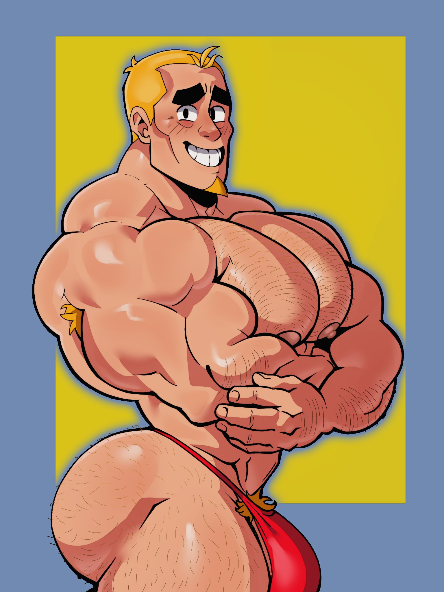 armpit hair, bara, big ass, big pecs, blonde hair, brawl stars, bulge, bush, gay, grom (brawl stars), hairy, male, male only, muscular, muscular male, nipples, ren zloy on kus, smiling, supercell, thong, yaoi