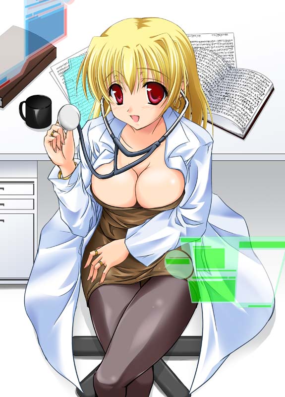 1girls breasts cleavage female labcoat legs_crossed lyrical_nanoha maho_(yakimorokoshi) mahou_shoujo_lyrical_nanoha mahou_shoujo_lyrical_nanoha_strikers pantyhose shamal sitting solo stethoscope