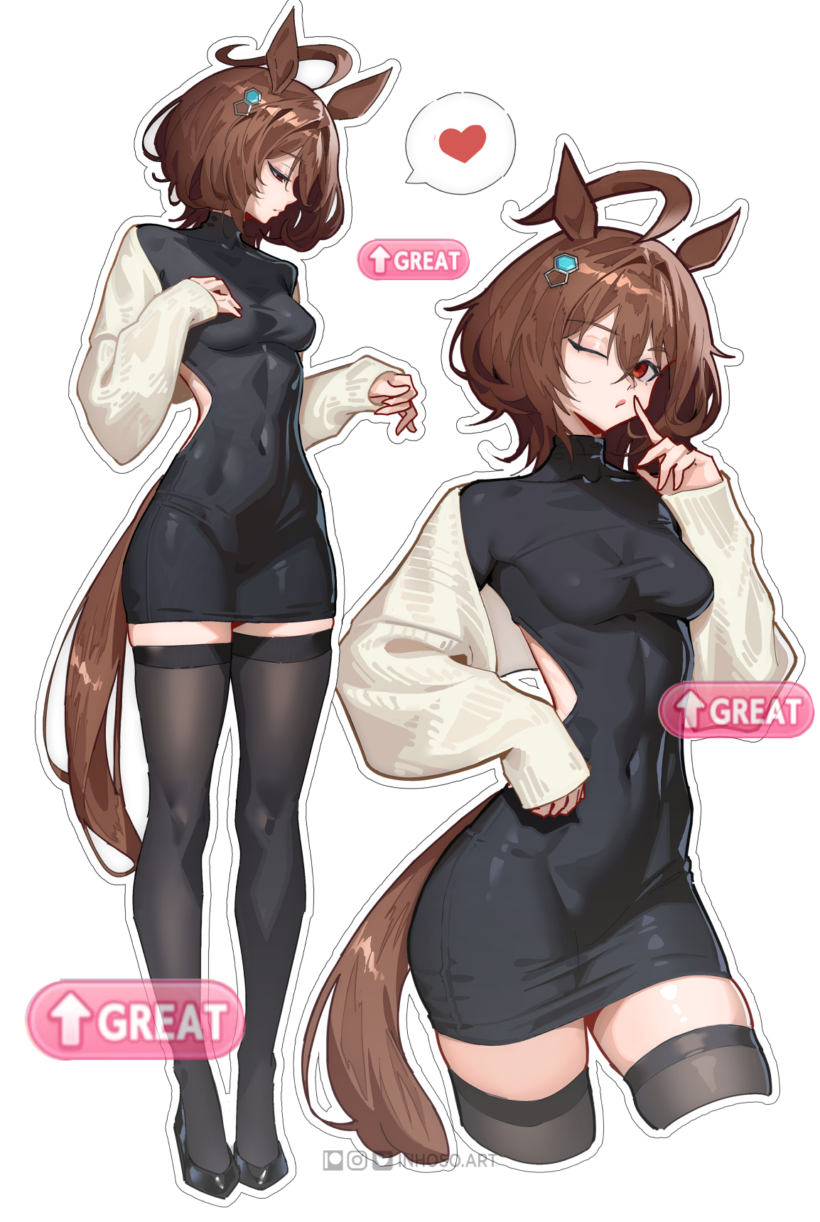 1girls, agnes tachyon (umamusume), ahoge, animal ears, black dress, black shoes, black thighhighs, breasts, brown hair, cardigan, dress, female, female only, full body, heart, highres, horse ears, horse girl, horse tail, hourglass figure, inhoso, medium breasts, medium hair, mood (umamusume), multiple views, open cardigan, open clothes, shoes, slim waist, small breasts, spoken heart, standing, tail, thighhighs, thighs, tight clothing, umamusume, umamusume pretty derby