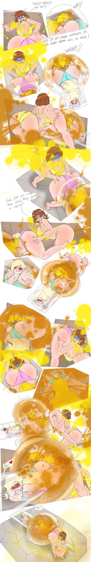 3girls, accidental circumstance, accidentally stuck, all the way through fart, ass, bikini, blush, comic, dialogue, embarrassed female, face in ass, fart, fart fetish, fart torture, fat ass, female, female focus, grossed out, lazei, mario (series), nintendo, princess daisy, princess peach, princess rosalina, stuck