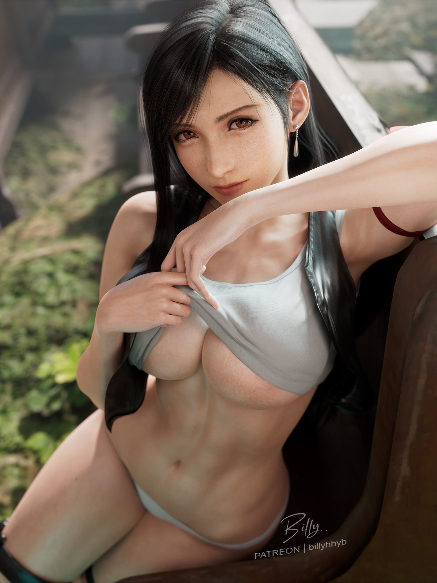 1girls, 2025, 3d, areolae, areolae slip, belly, big breasts, billyhhyb, black hair, breasts, cleavage, crop top, detailed background, female, female only, female torso, final fantasy, final fantasy vii, final fantasy vii advent children, final fantasy vii remake, leather vest, legs together, lifted by self, long hair, looking at viewer, navel, outdoors, panties, pantsless, red eyes, scar, scar on breasts, scar on thigh, shirt lift, shirt lifted by self, sitting, skimpy, skimpy clothes, sleeveless, solo, tifa lockhart, very long hair, vest, vest only, zipping up