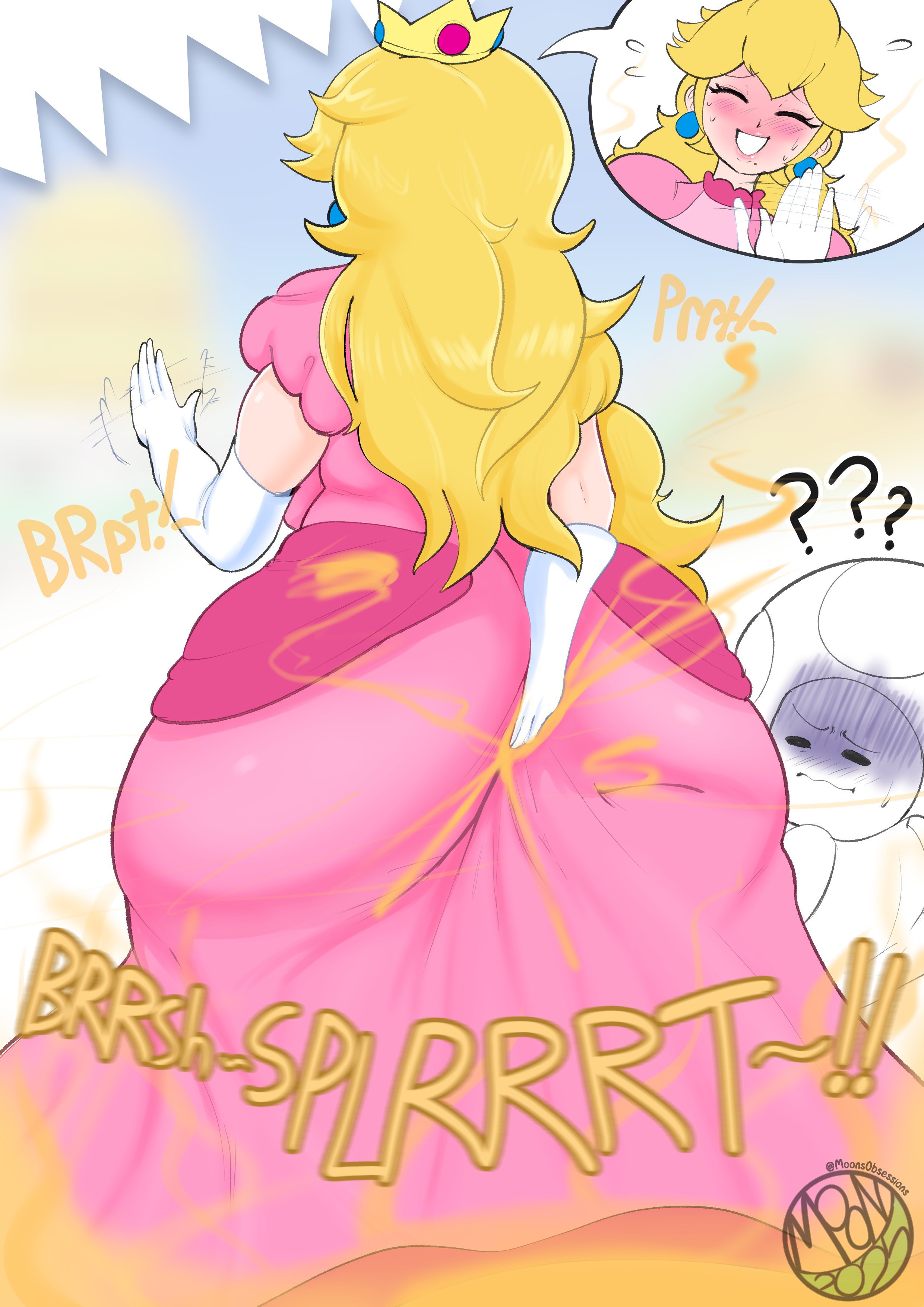 blush, butt digging, digging into butt, digging up in they ass, dress, fart, fart fetish, farting, fat ass, flustered, gigantic ass, huge ass, mario (series), moonsobsessions, princess peach