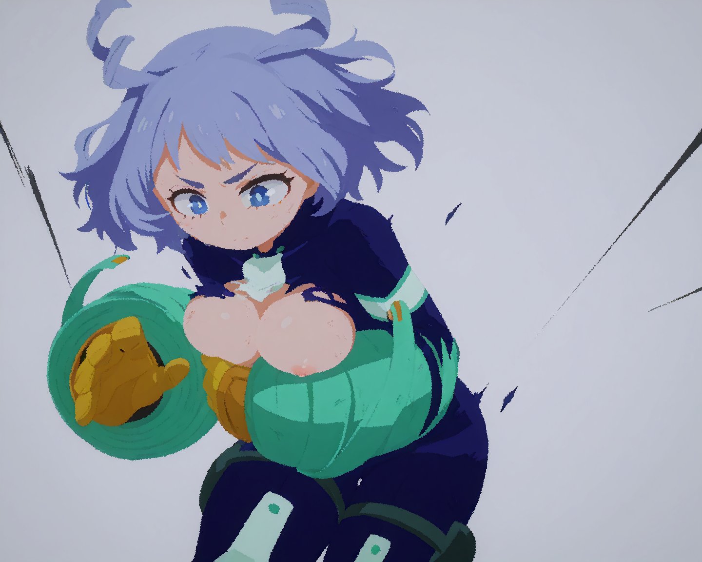 ai assisted, ai generated, blue bodysuit, blue eyes, blue hair, blue-haired female, bodysuit, breasts, drill hair, female, gloves, hadou nejire, hair horns, large breasts, light blue hair, my hero academia, nipples, rawr69, short hair, simple background, solo, superhero, tearing clothes, torn bodysuit, torn clothes, wardrobe malfunction, white background, yellow gloves