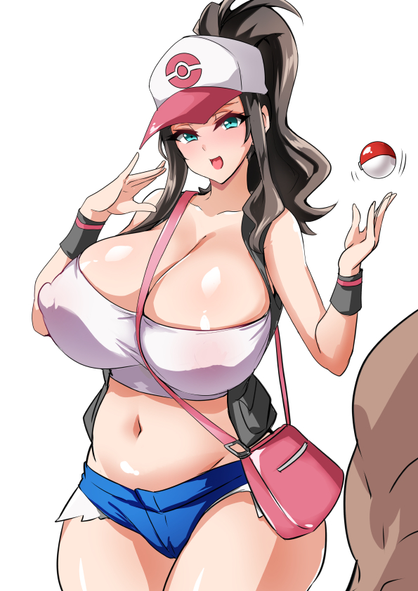 1boy, 1girls, bolobolo, breasts, denim, denim shorts, female, hilda (pokemon), huge breasts, legs, long hair, looking at viewer, male, midriff, navel, nintendo, pokemon, pokemon bw, shorts, smile, solo, tank top, thighs