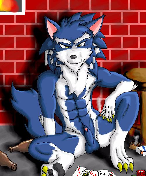 artist_request beer_bottles bottles capcom cards darkstalkers gallon jon_talbain male male_only naked nude playing_cards sitting smoking tagme werewolf wolf