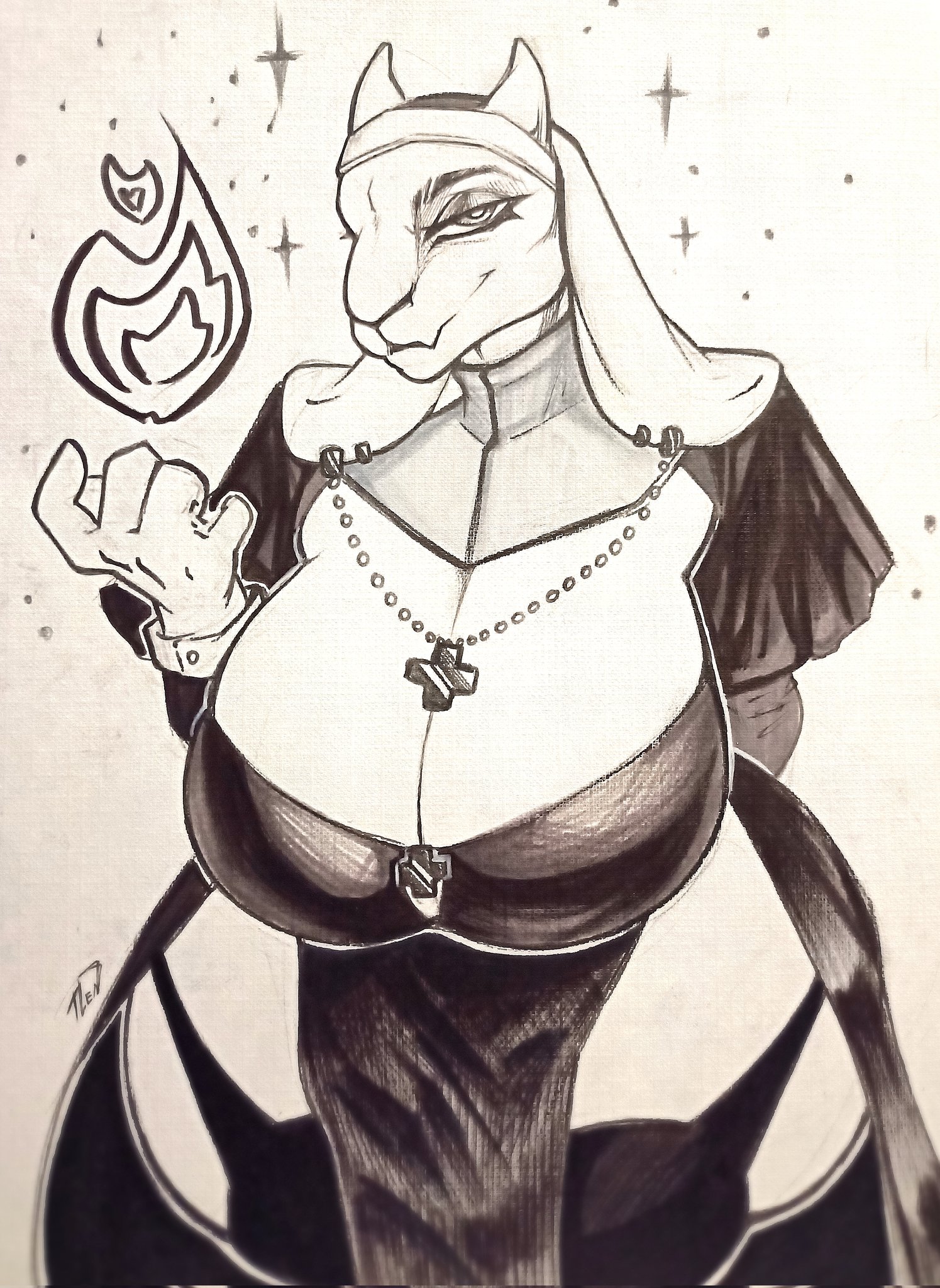 1girls, artist name, artist signature, breasts, caprine, caprine ears, caprine eyes, caprine horn, cross, eyelashes, female, fire, garter briefs, garter straps, goat, goat girl, goat horns, mature female, milf, necklace, necklace between breasts, nun, nun outfit, nun's habit, piercing, smug, smug face, smug smile, sparkles, tlen borowski, toriel, traditional media (artwork), undertale