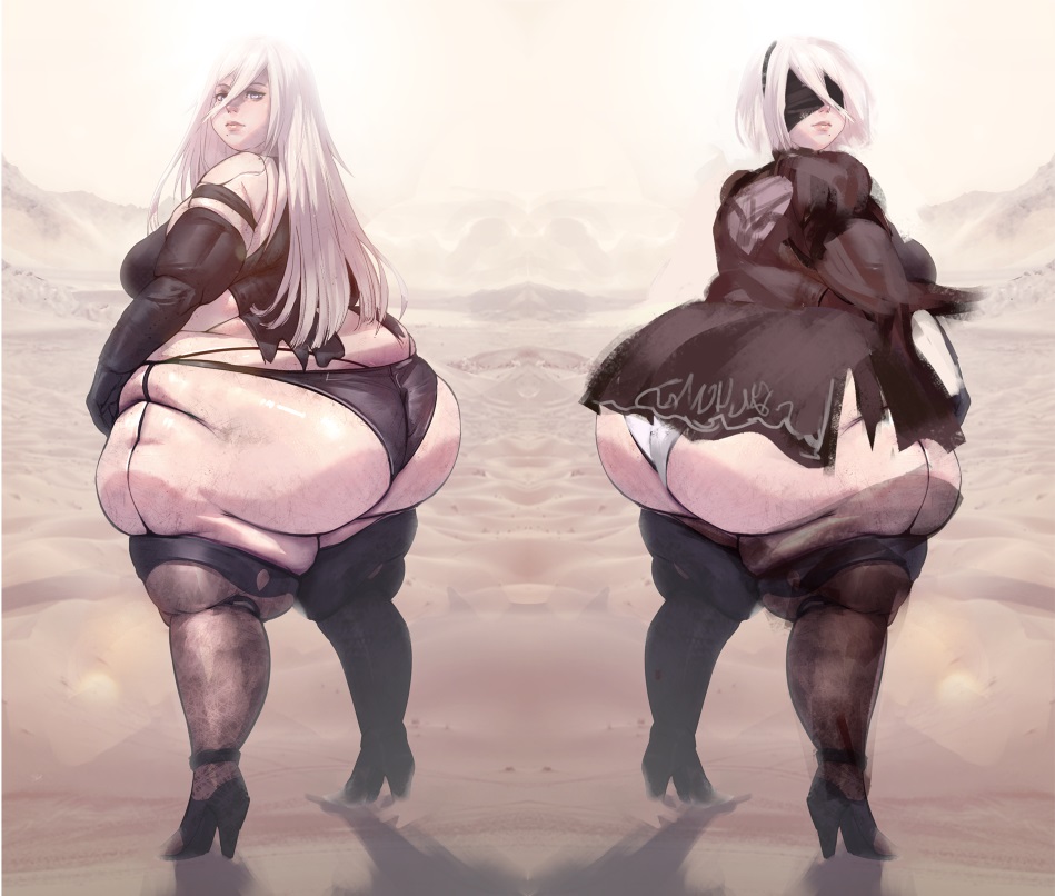 2girls, arm sleeves, ass, bamboo ale, bbw, belly overhang, big ass, big belly, big breasts, big butt, big female, breasts, chubby, chubby female, duo, fat, fat ass, fat female, fat fetish, fatty, female, female only, giantess, gigantic ass, heels, high heels, huge ass, huge butt, large female, long hair, looking at viewer, looking back, mask, mini giantess, multiple females, multiple girls, nier: automata, obese, obese female, overweight, overweight female, panties, plump, plump butt, pork chop, ssbbw, stockings, thick thighs, thighhighs, weight gain, white hair, yorha 2b, yorha a2