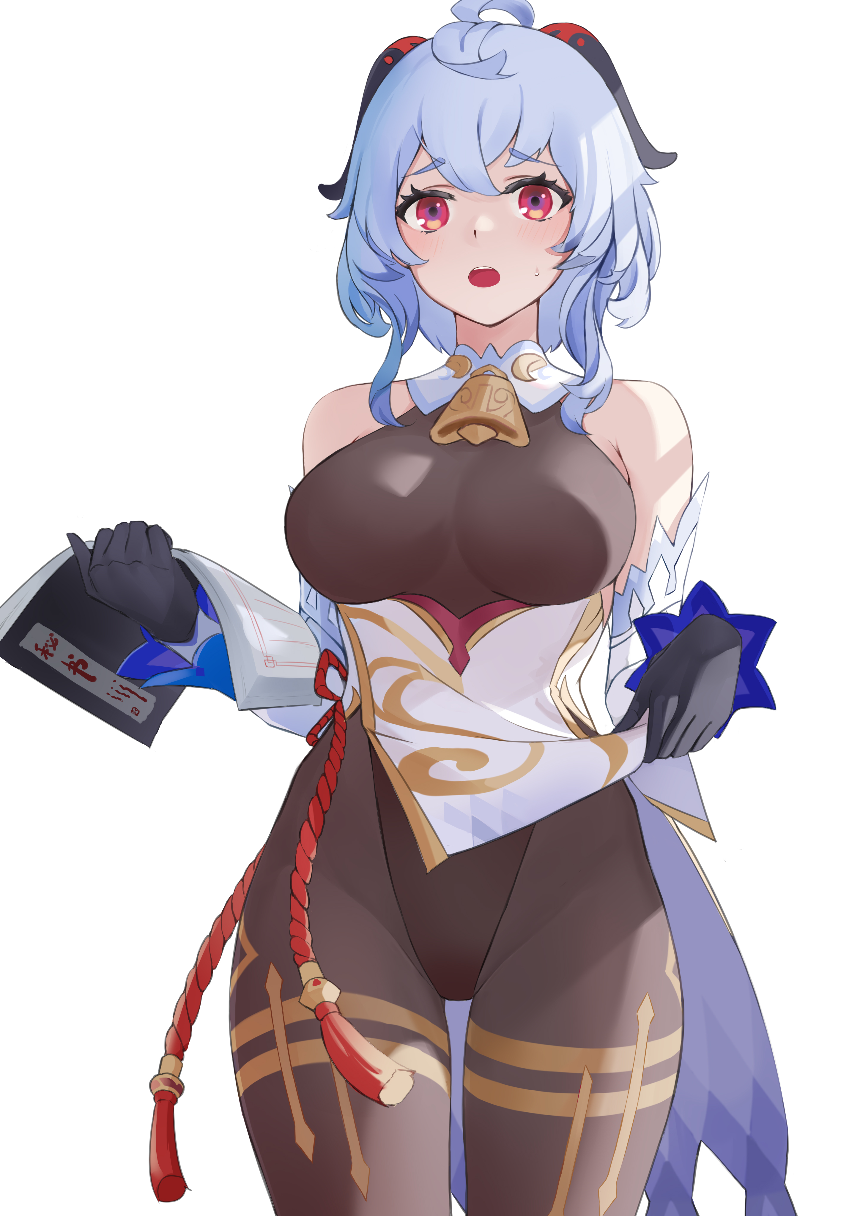1girls, bell, big breasts, blue hair, bodysuit, breasts, curvy, female, female only, ganyu (genshin impact), genshin impact, gloves, horns, large breasts, leotard, liangfen, pantyhose, purple eyes, solo, solo female, thick, thick thighs, tight clothing, voluptuous