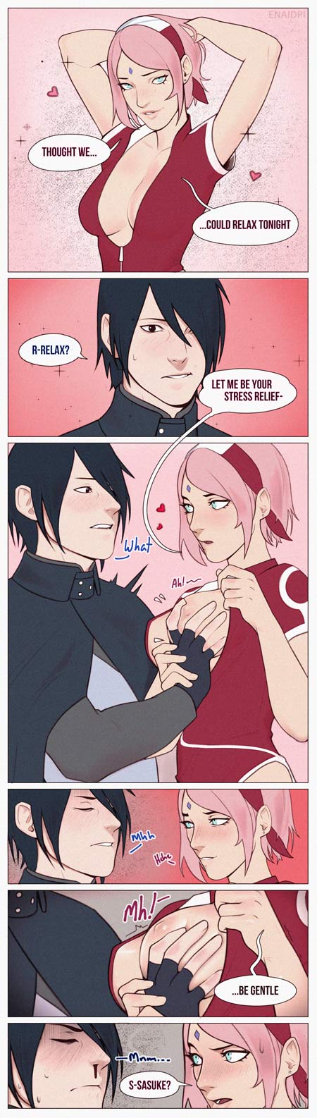 1boy, 1girls, black hair, blush, blushing, boruto: naruto next generations, breast grab, breast squeeze, breasts, canon couple, comic, couple, enaidpi, female, haruno sakura, hetero, heterosexual, inviting, male, male/female, naruto, naruto (series), naruto shippuden, nosebleed, panels, pink hair, sakura haruno, sasuke uchiha, straight, uchiha sakura, uchiha sasuke