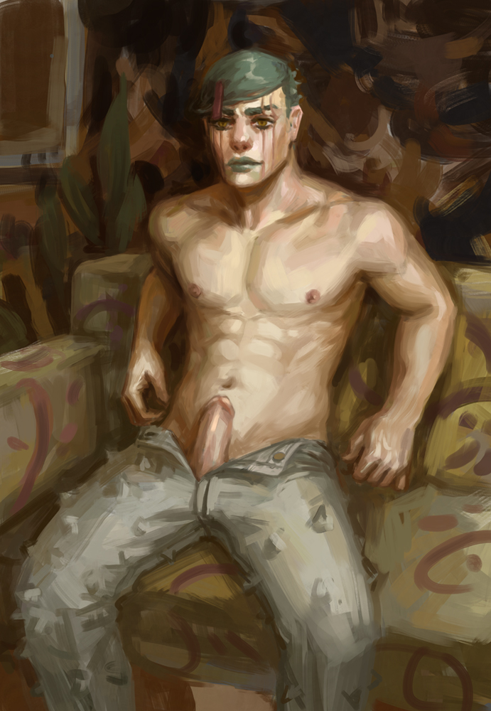 asymmetrical_hair brown_eyes detailed detailed_background dilf face_scar fit gay green_hair green_lipstick hairclip jobin_higashikata jojo's_bizarre_adventure jojolion painting_(artwork) penis shirtless sitting_on_couch spikes unfastened