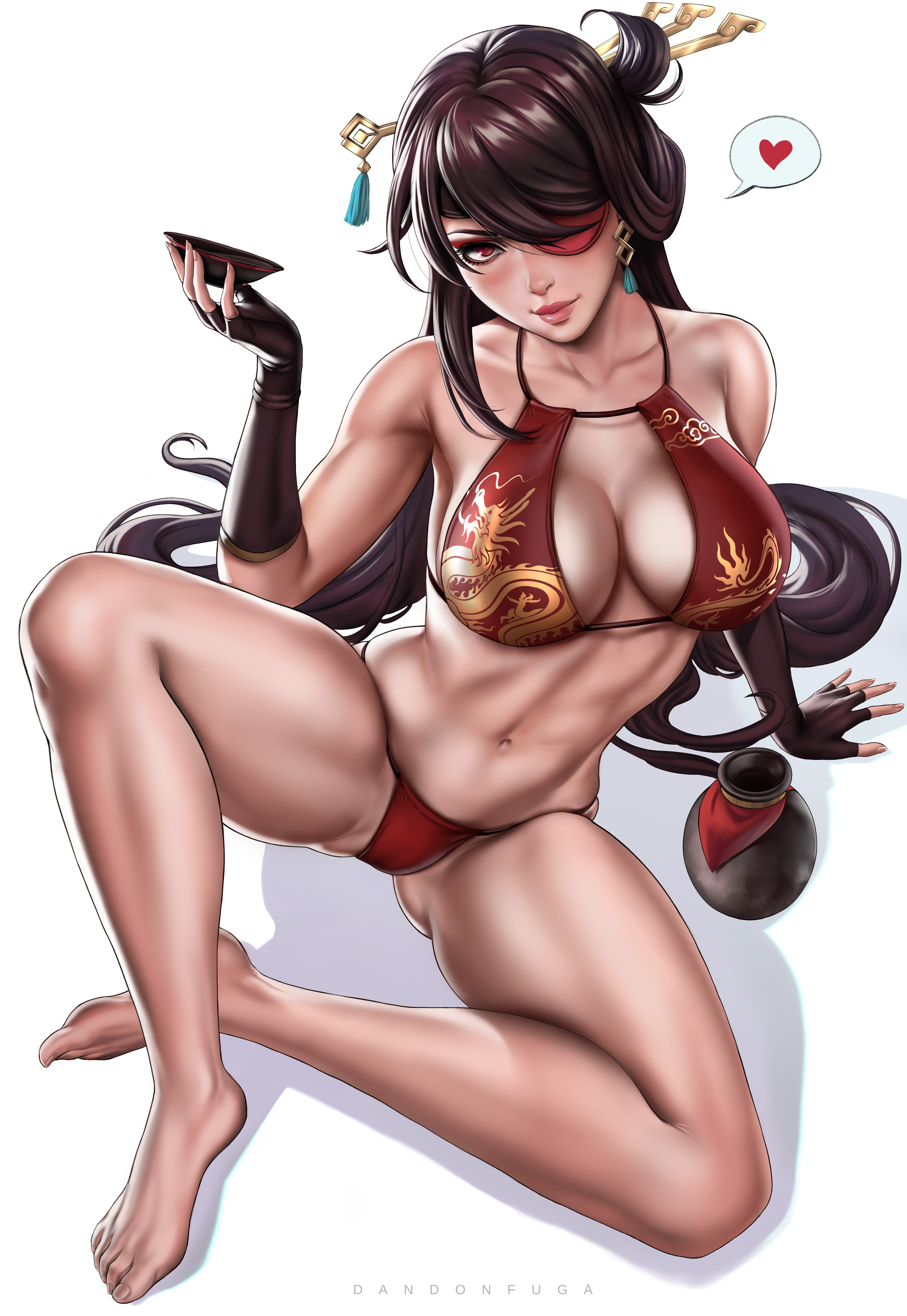 1girls, abs, beidou (genshin impact), big breasts, bottle, bra, breasts, brown hair, clothed, clothing, dandon fuga, drink, eye patch, feet, female, genshin impact, legs, long hair, looking at viewer, navel, red eyes, simple background, sitting, solo, solo female, solo focus, toned, toned female, underwear